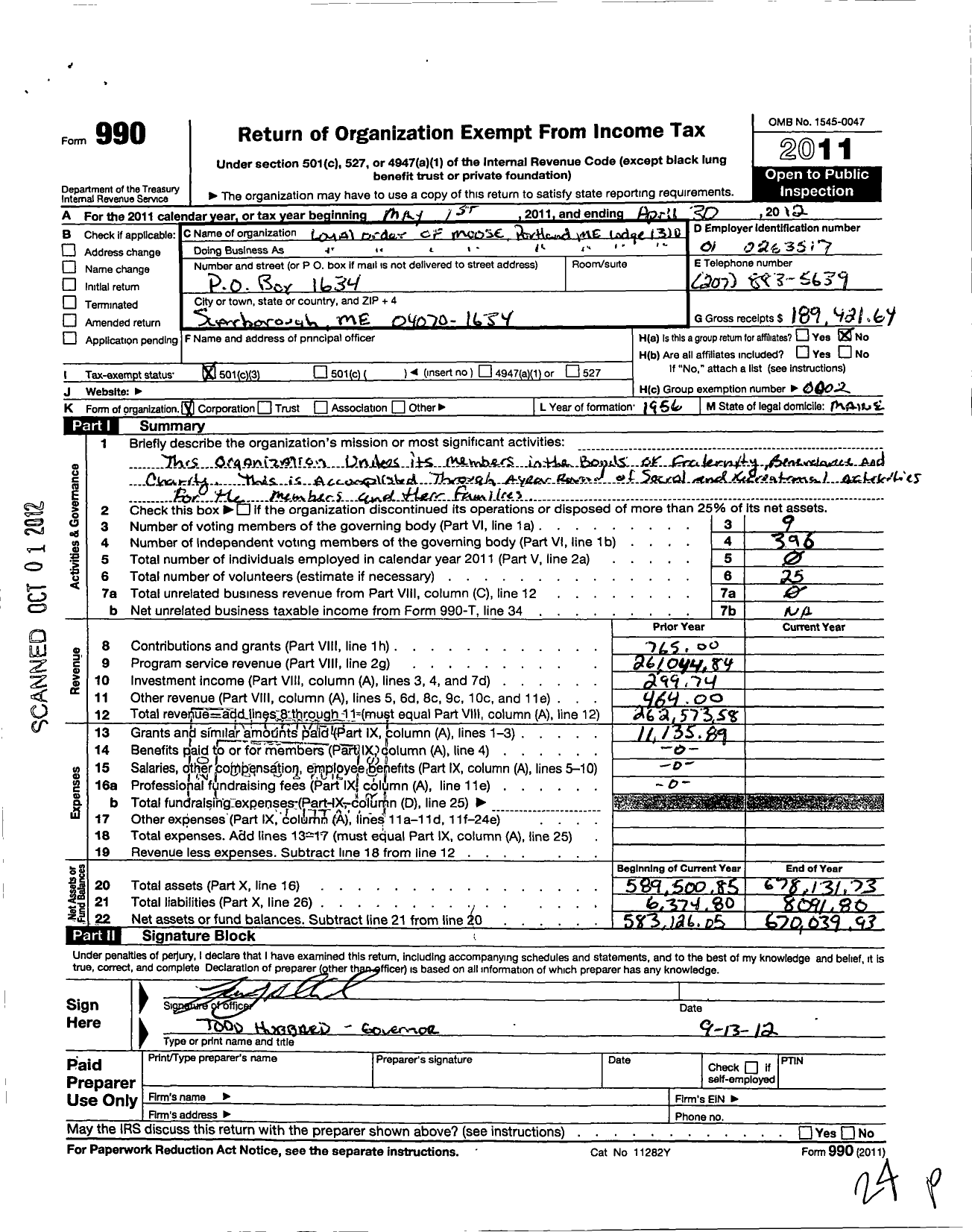 Image of first page of 2011 Form 990 for Portland Lodge No 1310 Loyal Order of moose