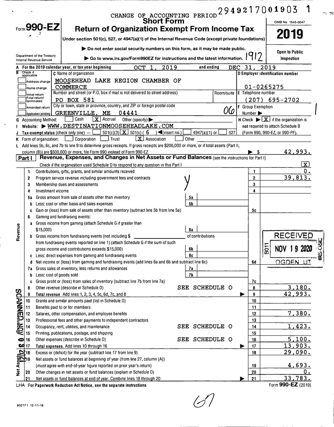 Image of first page of 2019 Form 990EO for Moosehead Lake Region Chamber of Commerce