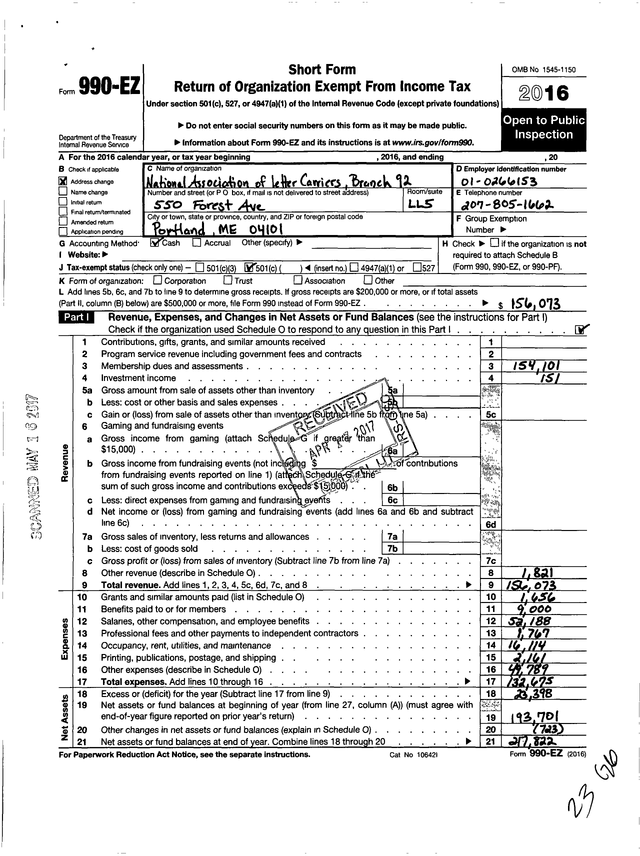 Image of first page of 2016 Form 990EO for National Association of Letter Carriers - NALC Branch 92