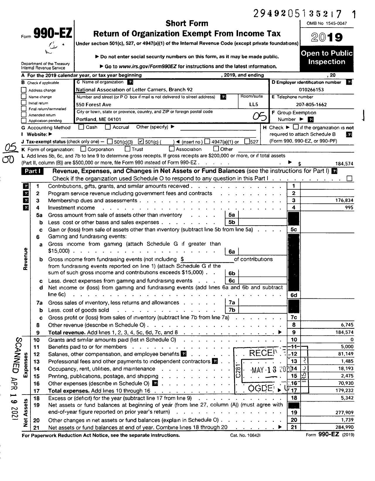 Image of first page of 2019 Form 990EO for National Association of Letter Carriers - NALC Branch 92