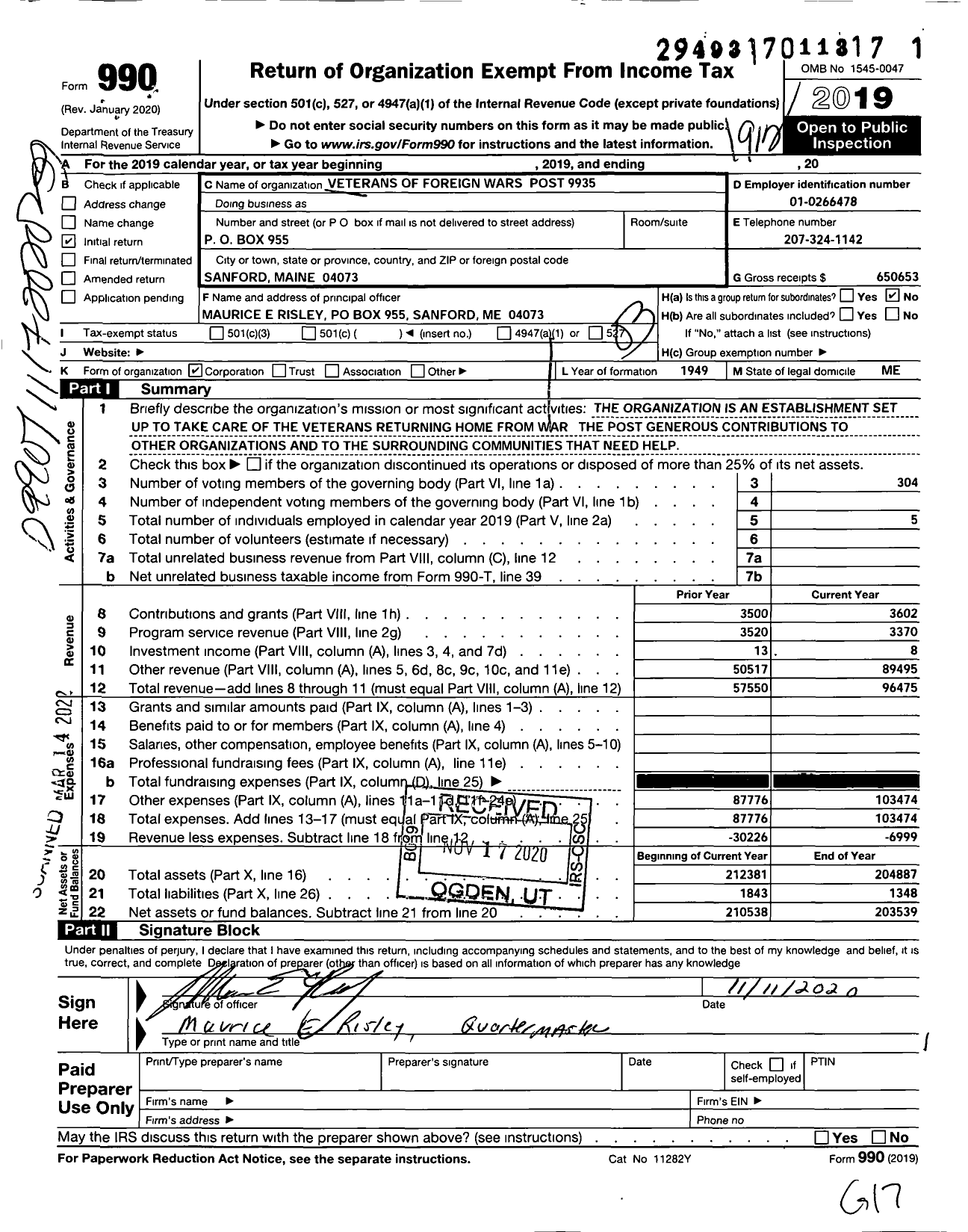 Image of first page of 2019 Form 990 for Veterans of Foreign Wars of the United States Dept of Maine - 9935 Sanford Springvale Post