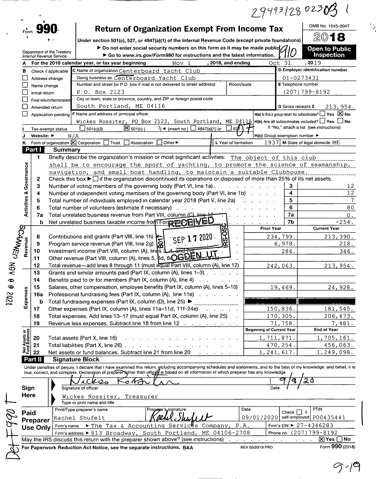 Image of first page of 2018 Form 990O for Centerboard Yacht Club