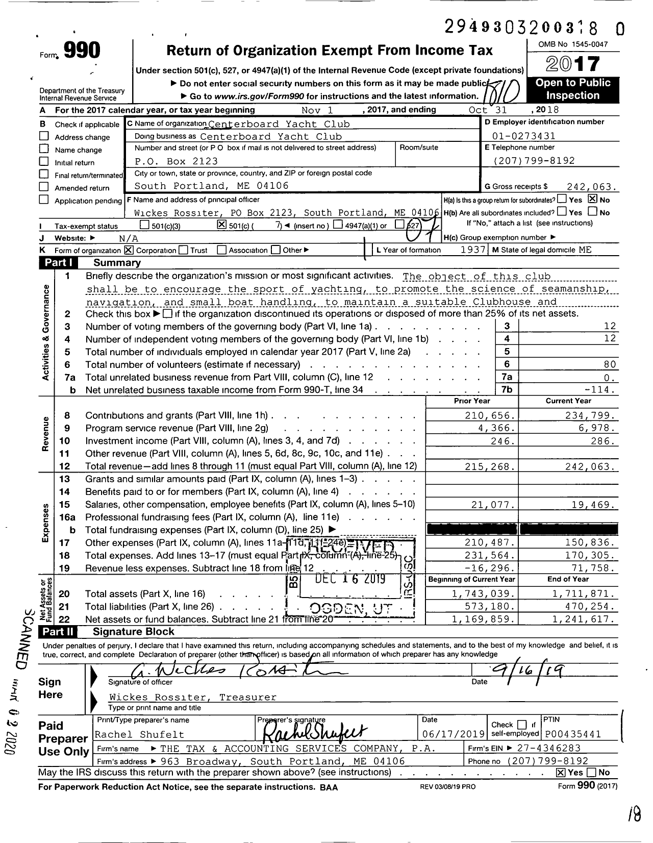 Image of first page of 2017 Form 990O for Centerboard Yacht Club