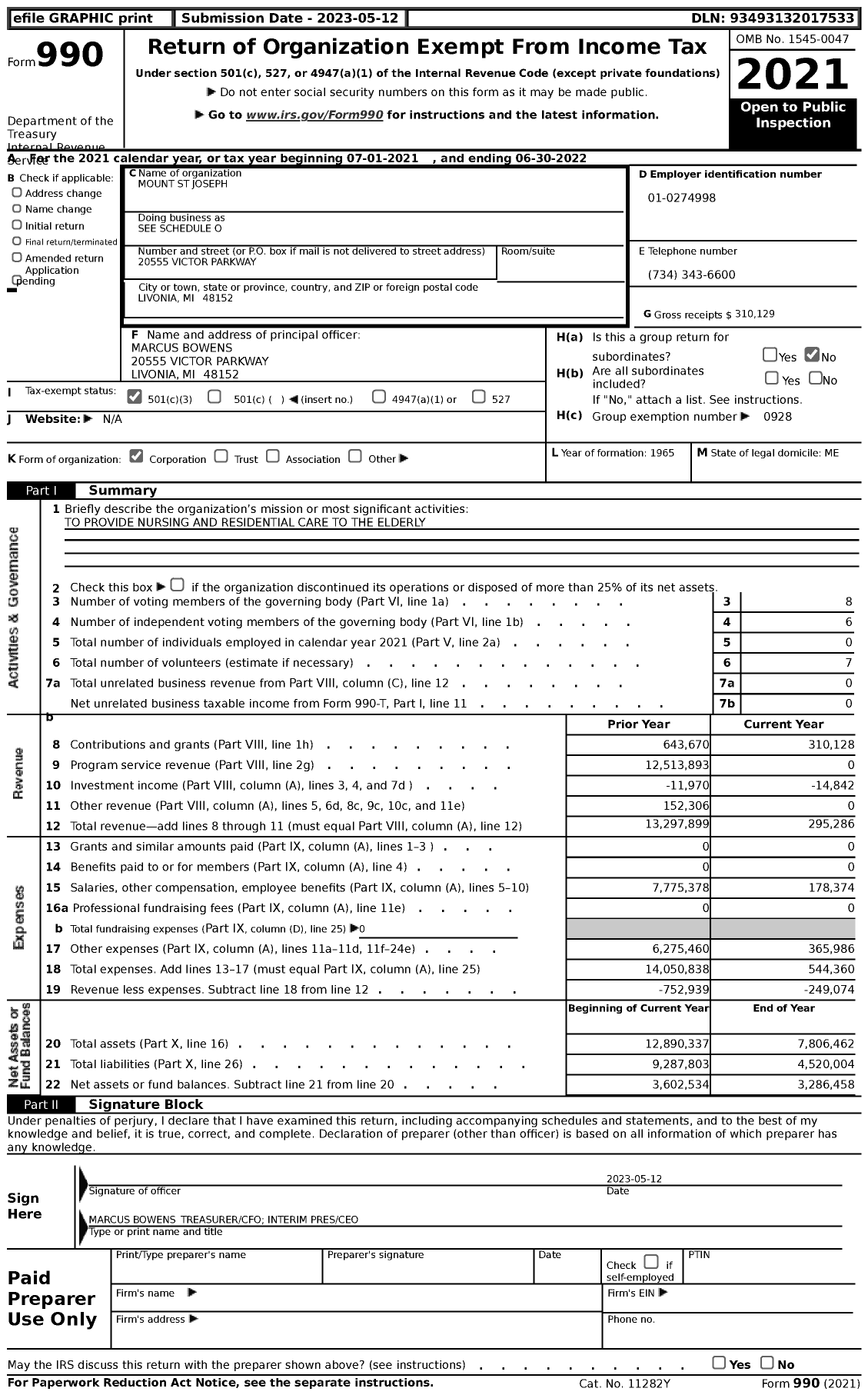 Image of first page of 2021 Form 990 for Mount Saint Joseph