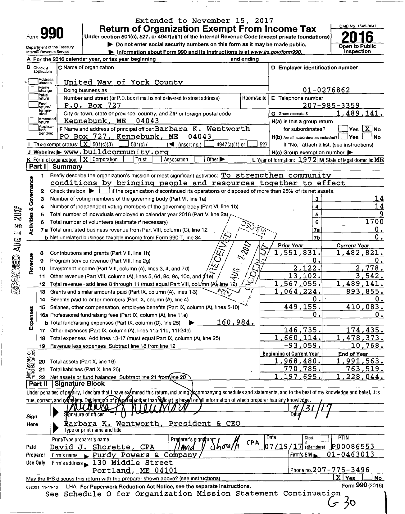 Image of first page of 2016 Form 990 for United Way of York County / York County