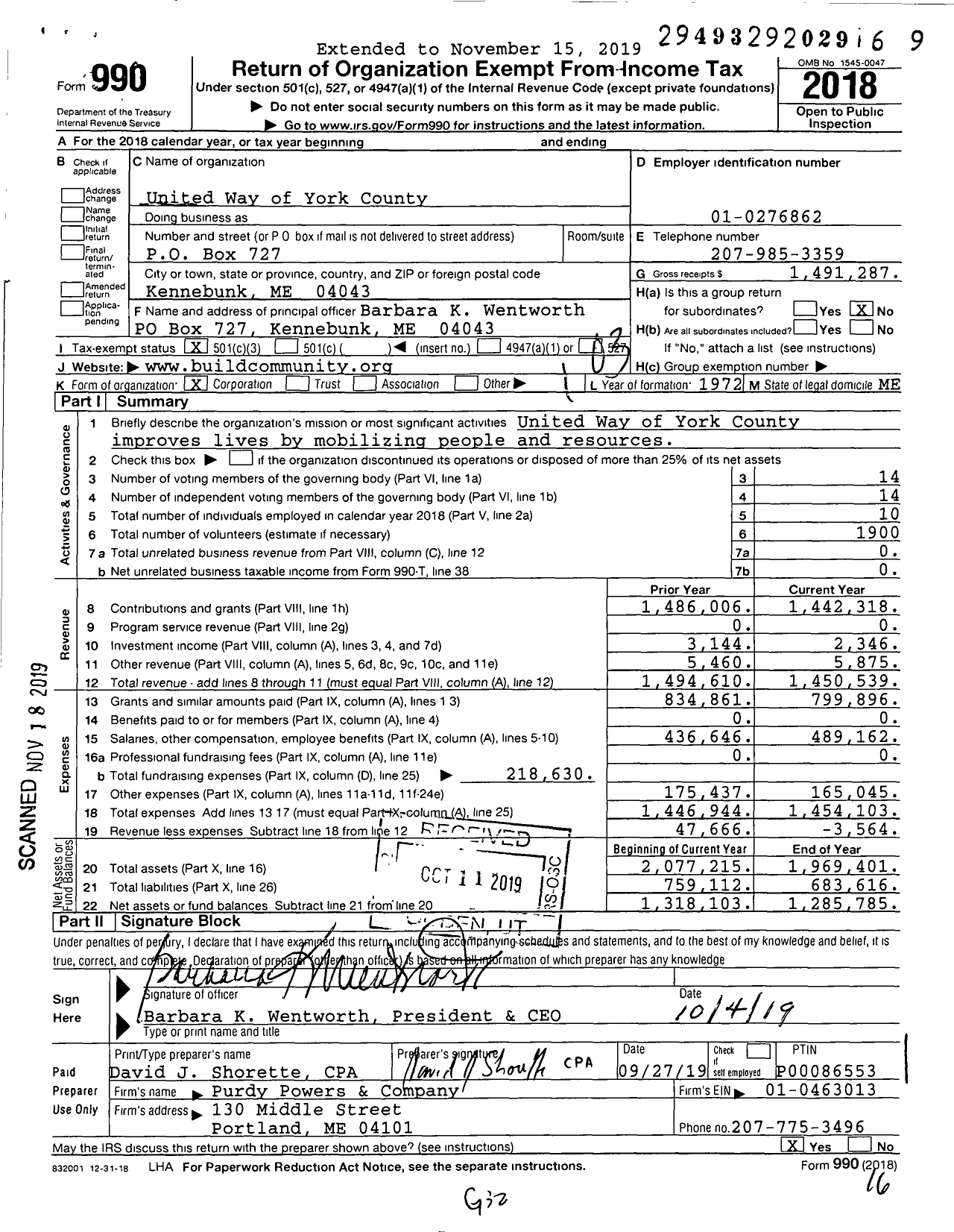 Image of first page of 2018 Form 990 for United Way of York County / York County