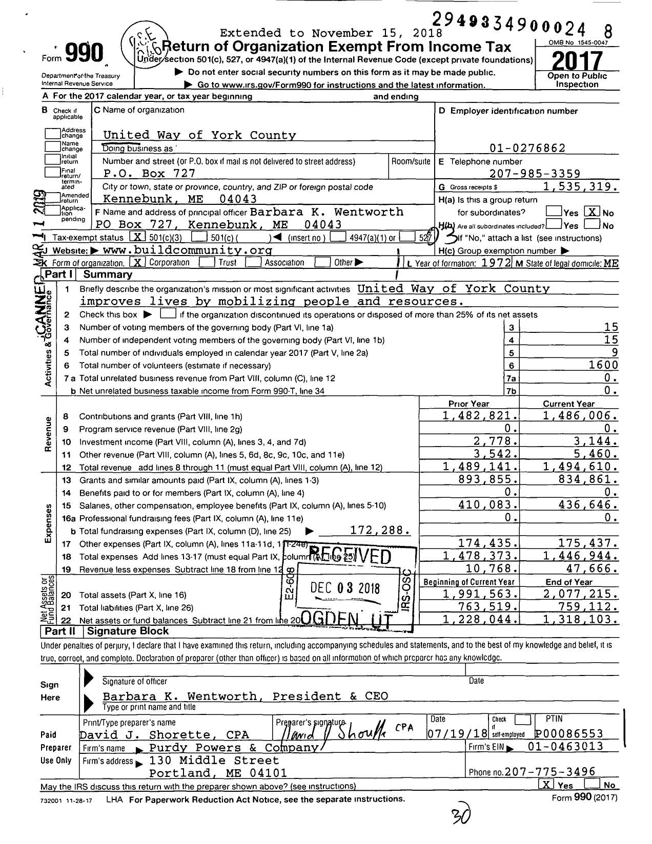 Image of first page of 2017 Form 990 for United Way of York County / York County