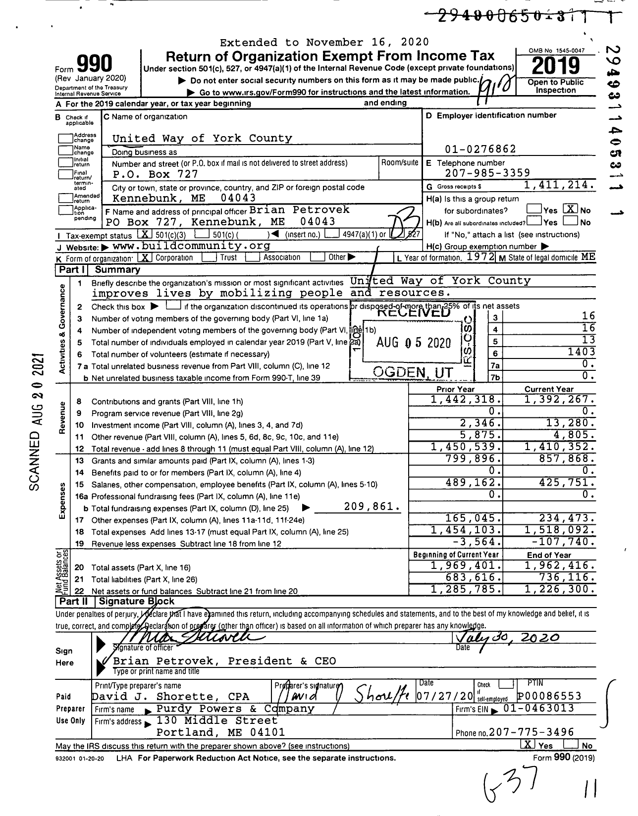 Image of first page of 2019 Form 990 for United Way of York County / York County