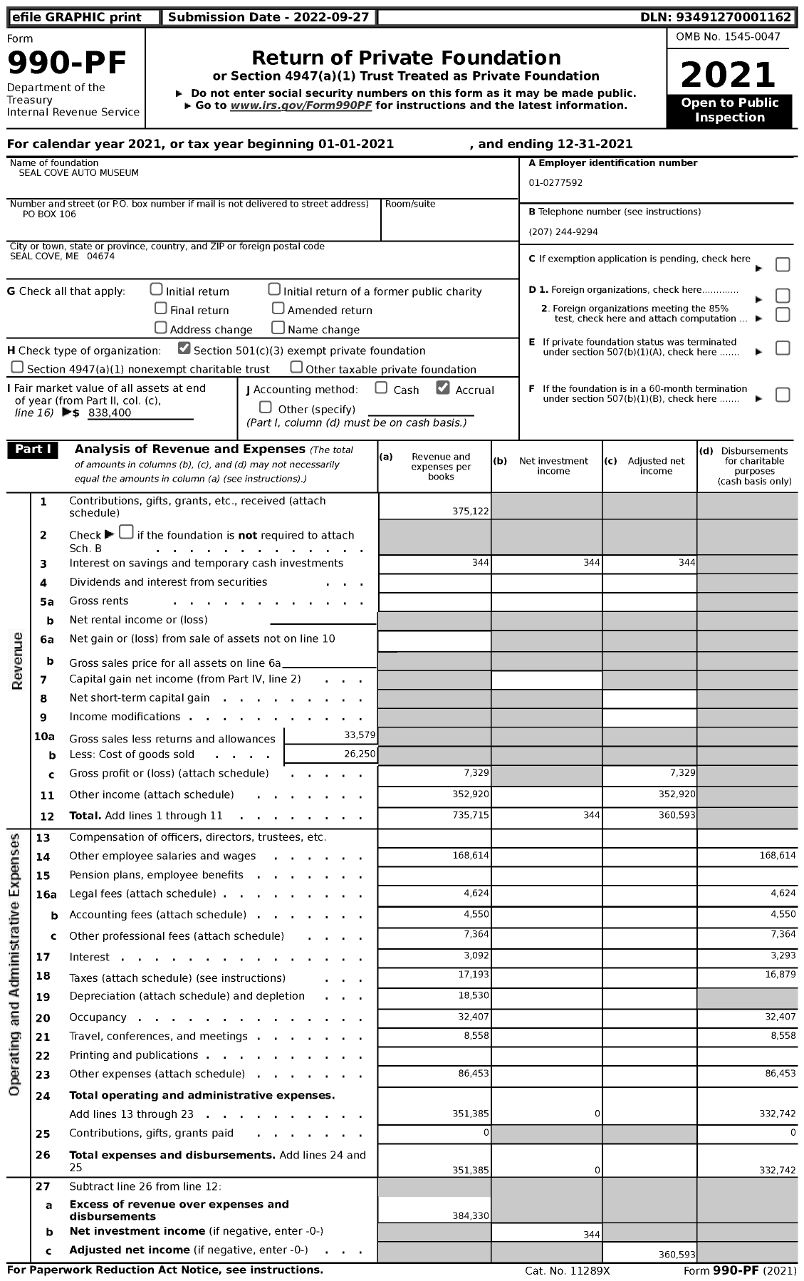 Image of first page of 2021 Form 990PF for Seal Cove Auto Museum