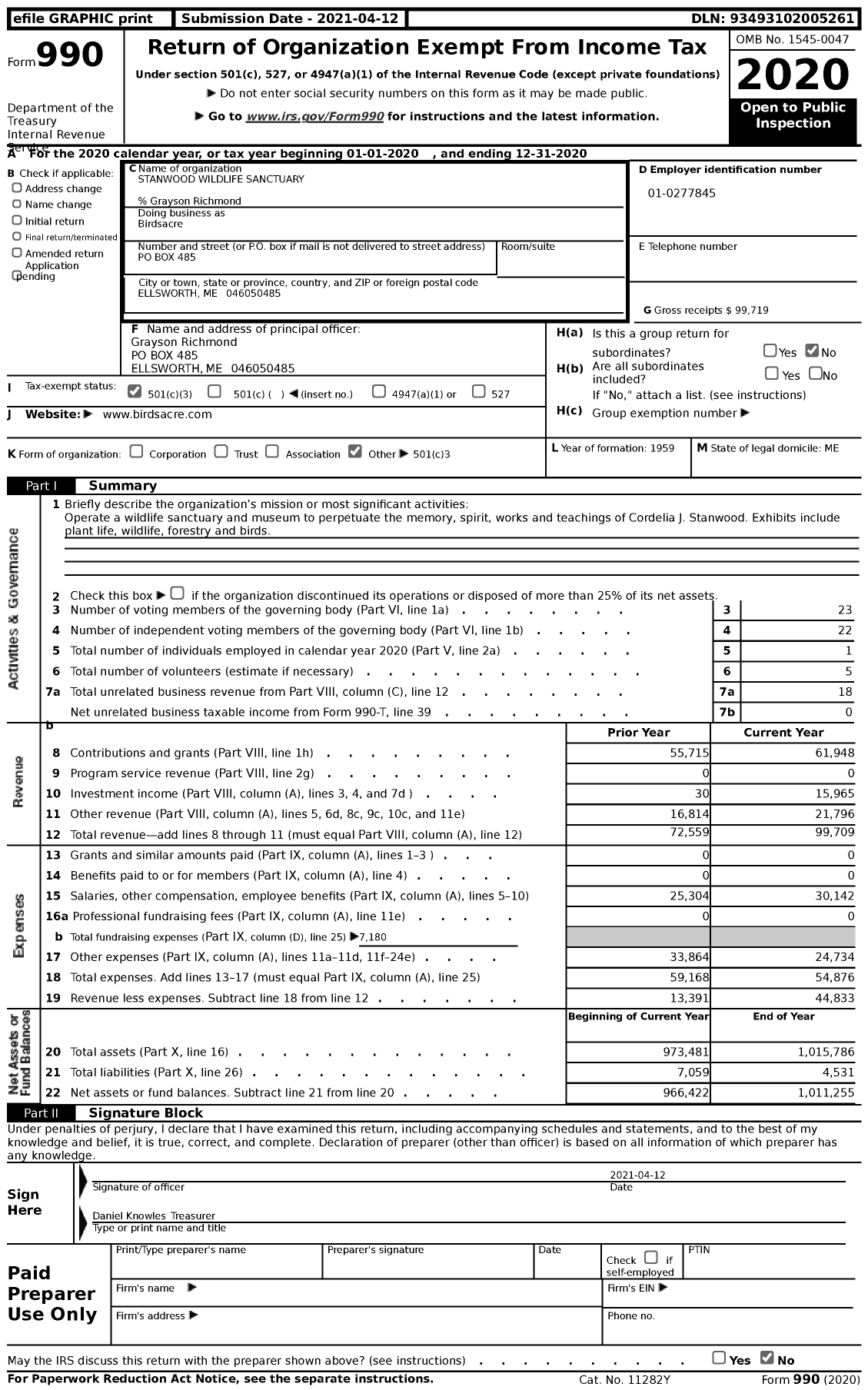 Image of first page of 2020 Form 990 for Birdsacre