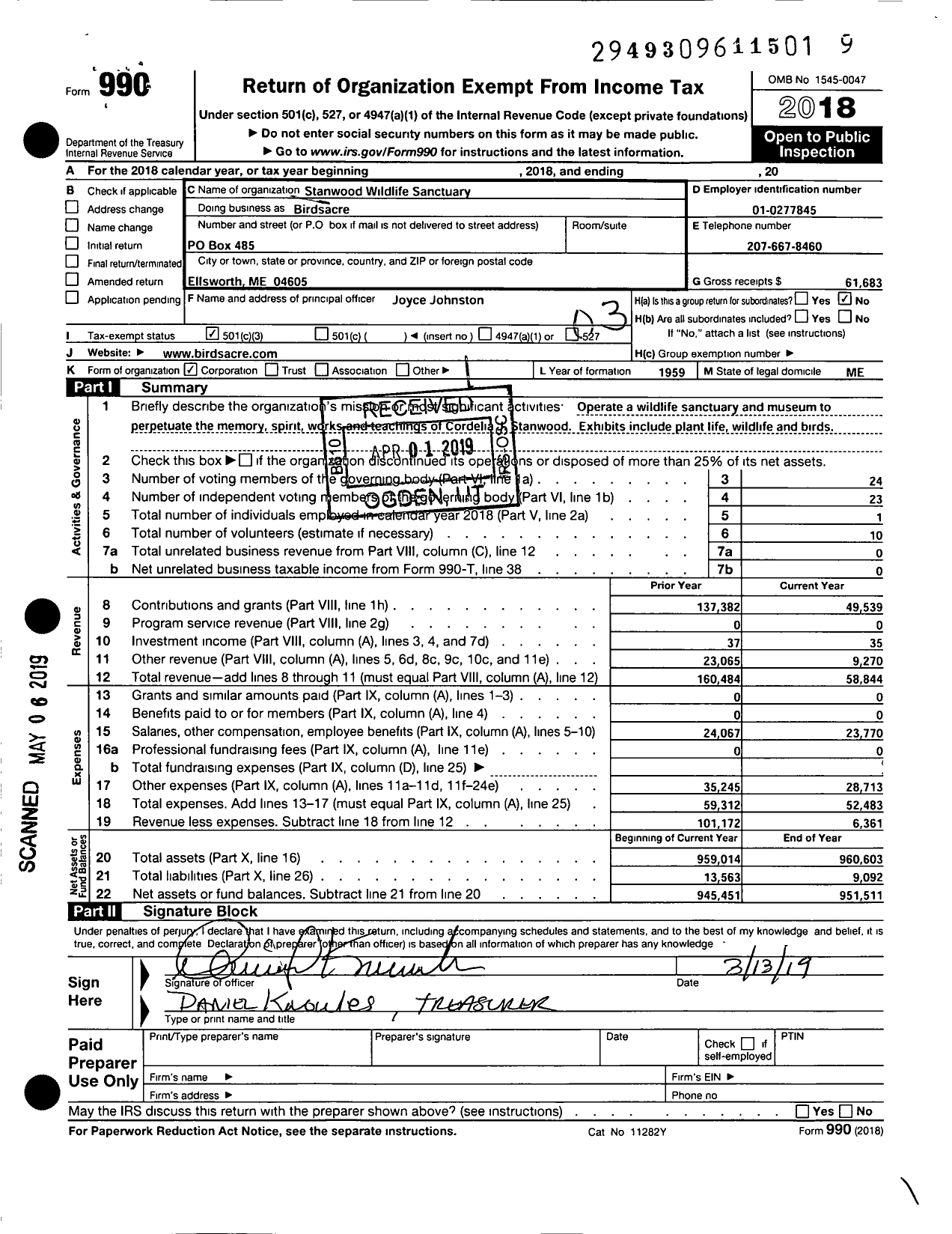 Image of first page of 2018 Form 990 for Birdsacre