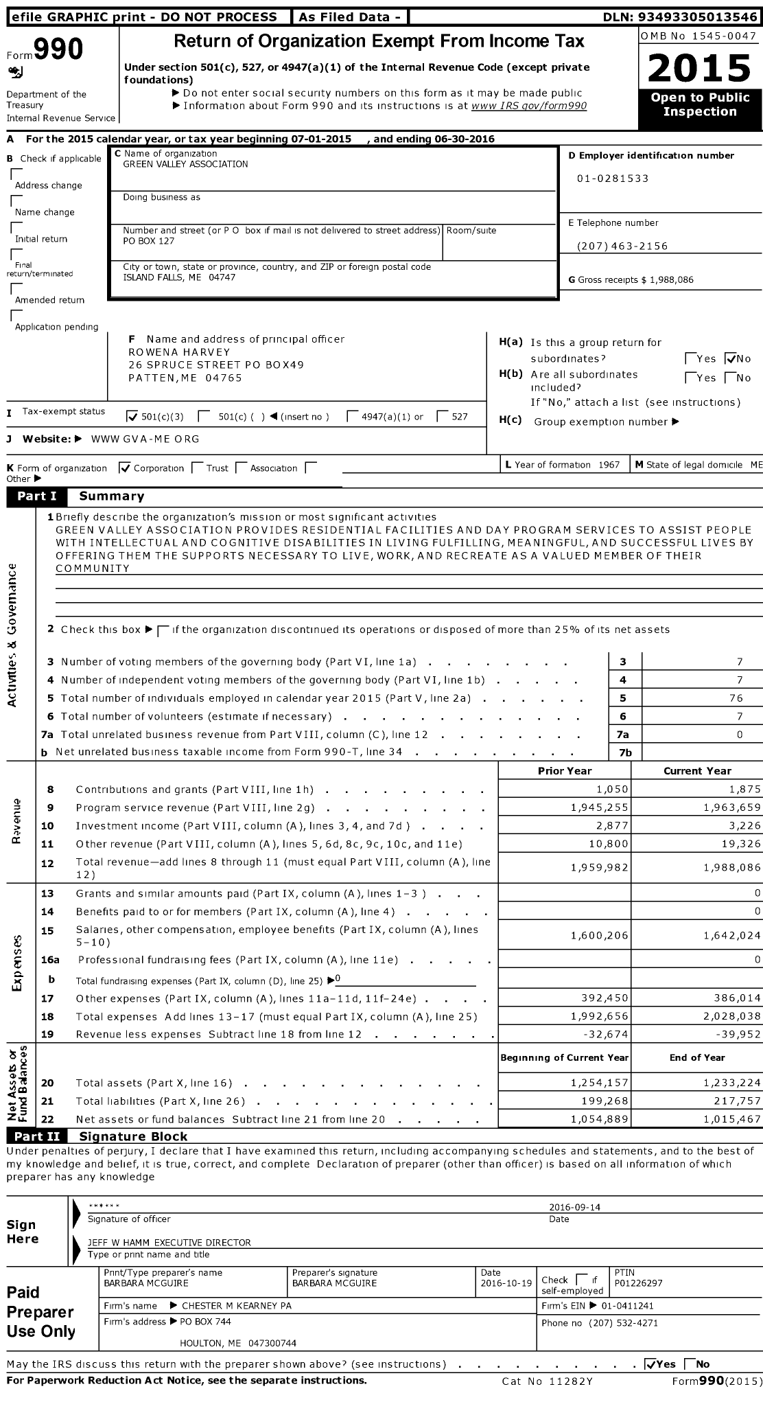 Image of first page of 2015 Form 990 for Green Valley Association