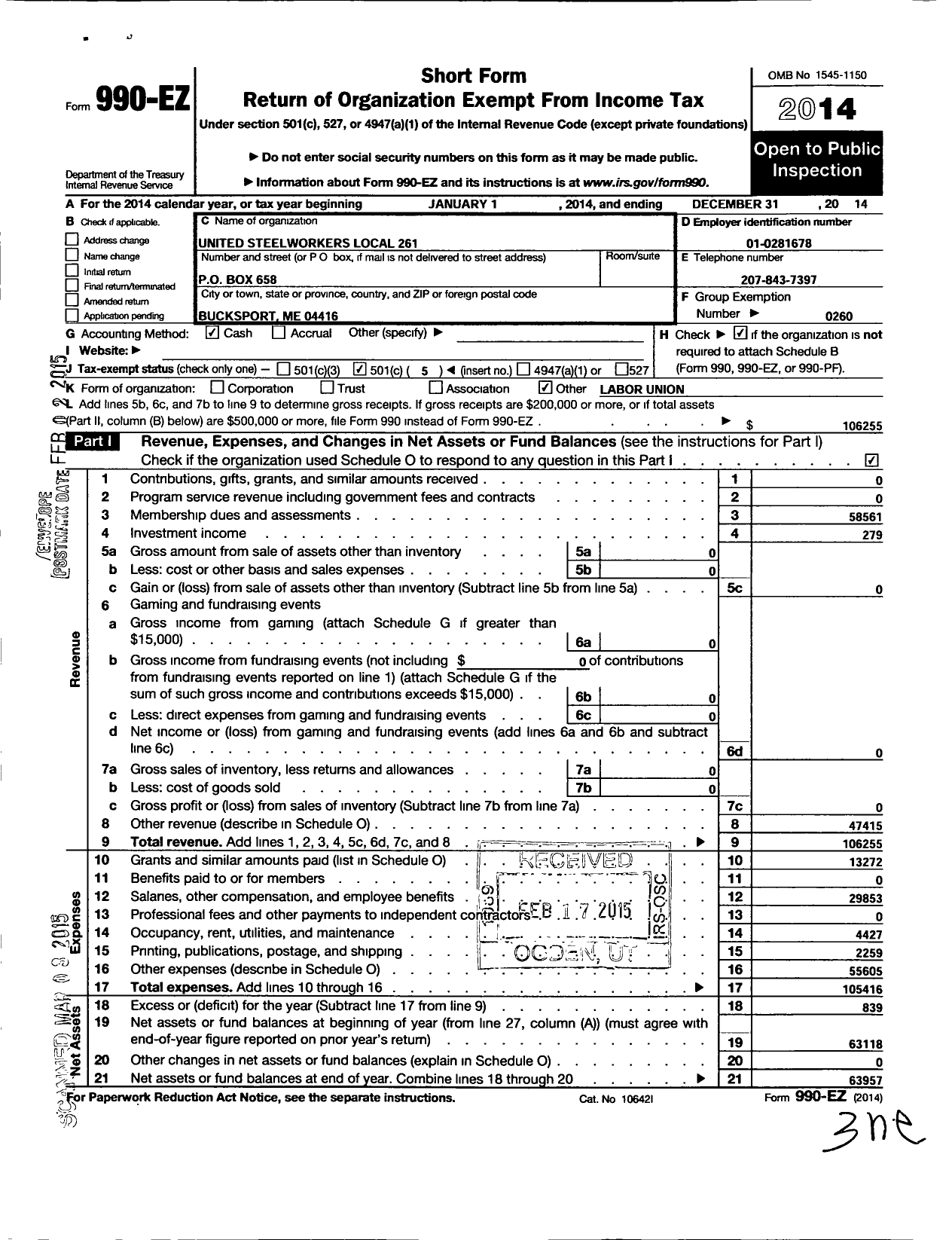 Image of first page of 2014 Form 990EO for United Steelworkers - 00261 Local