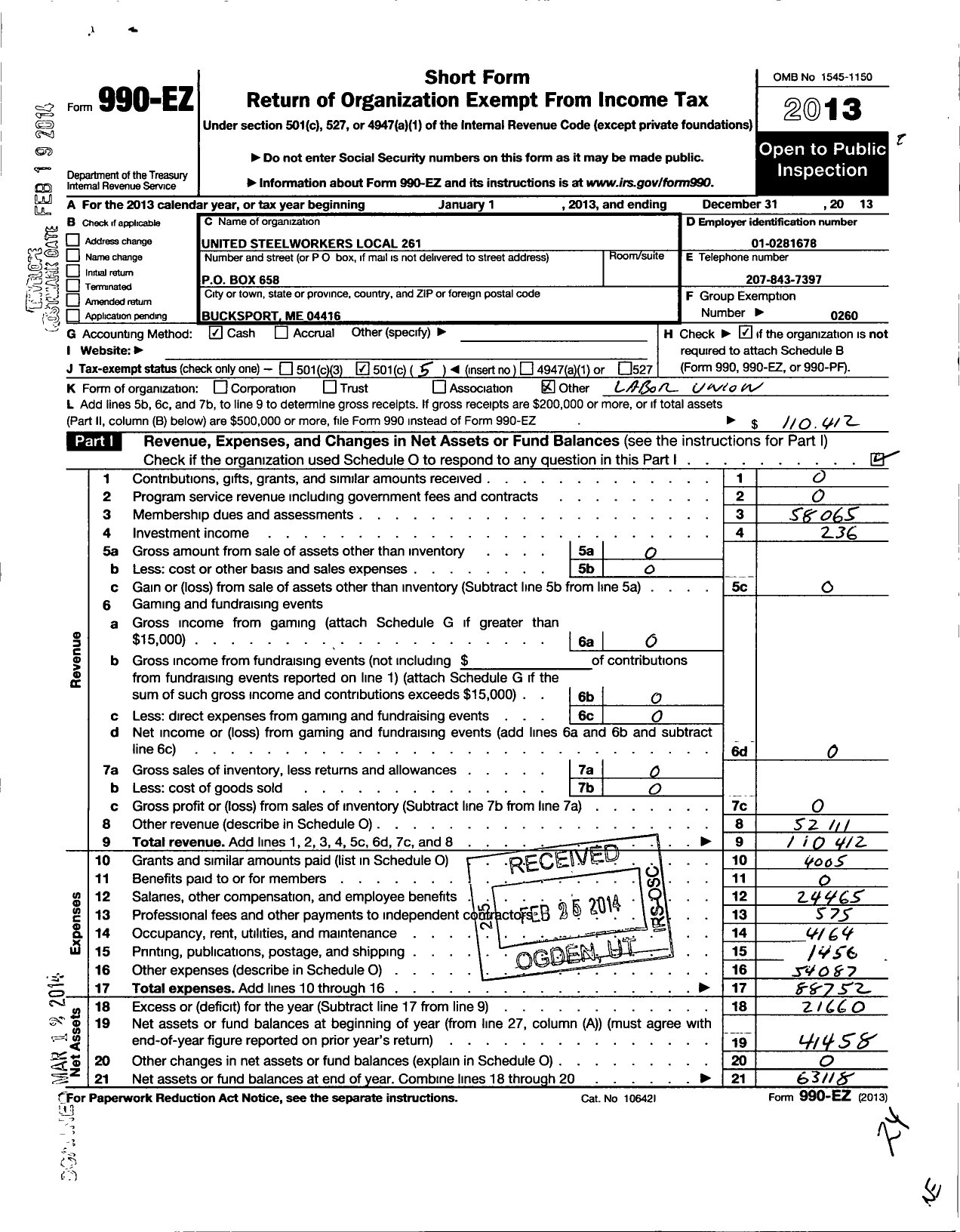 Image of first page of 2013 Form 990EO for United Steelworkers - 00261 Local