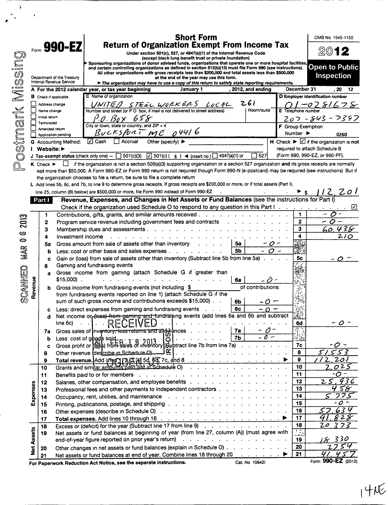 Image of first page of 2012 Form 990EO for United Steelworkers - 00261 Local