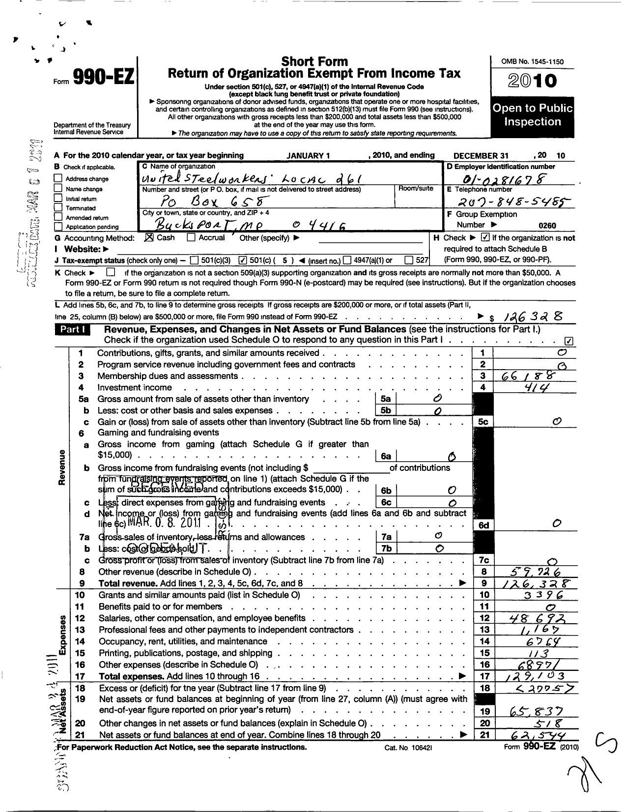 Image of first page of 2010 Form 990EO for United Steelworkers - 00261 Local