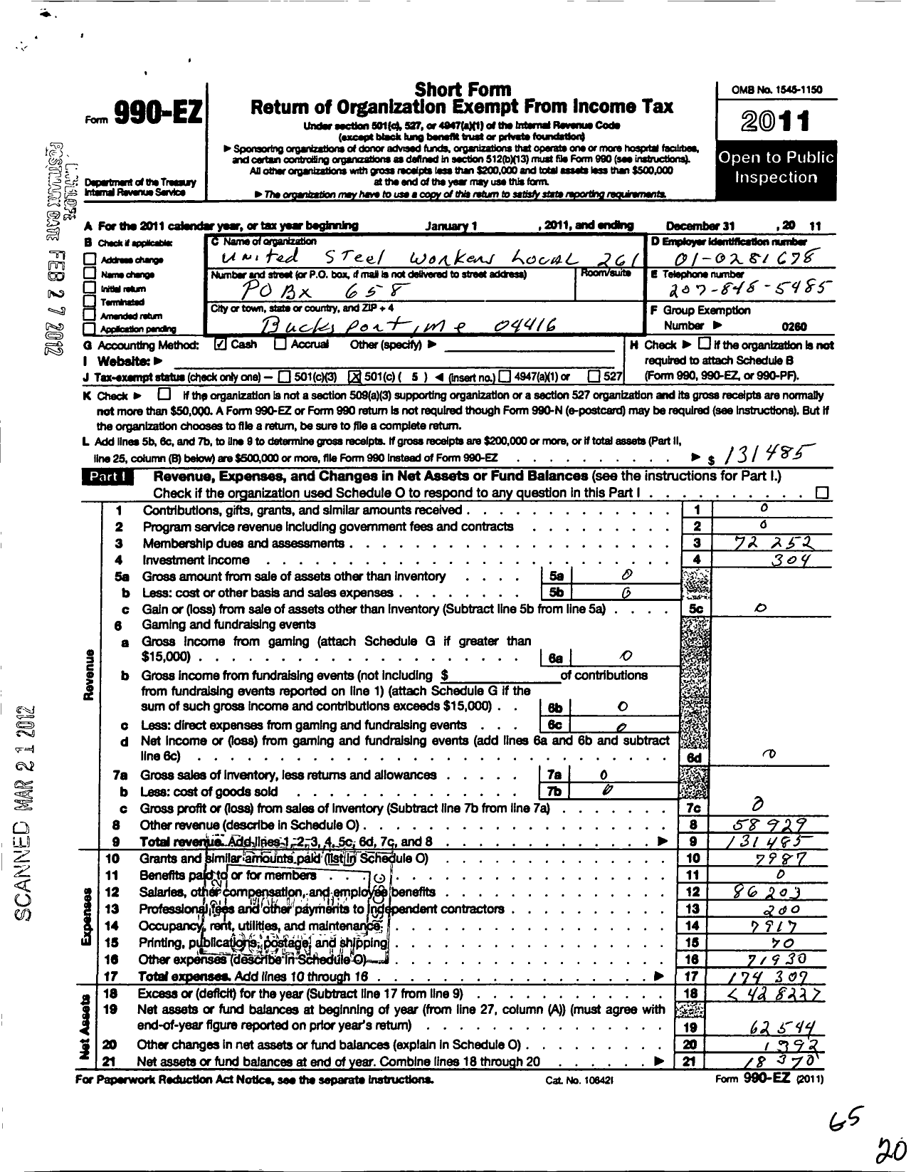 Image of first page of 2011 Form 990EO for United Steelworkers - 00261 Local