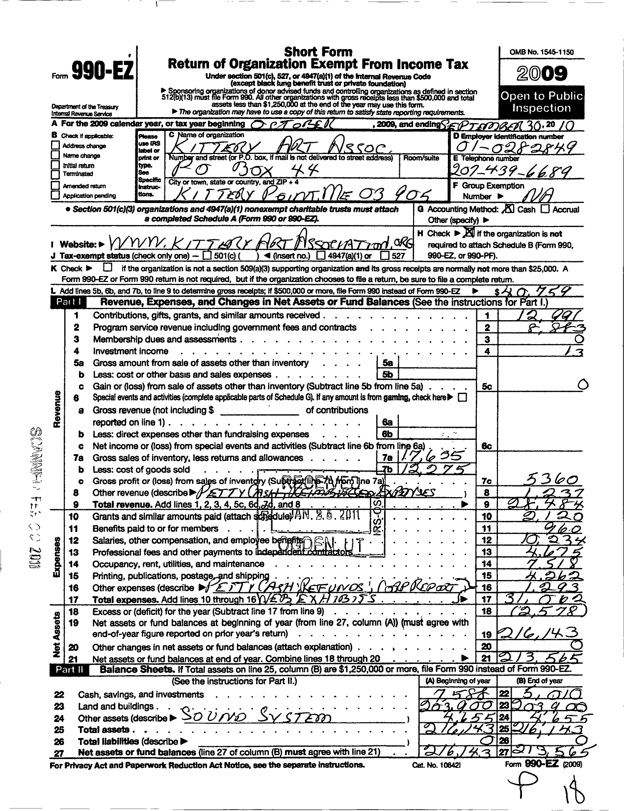 Image of first page of 2009 Form 990EO for Kittery Art Association