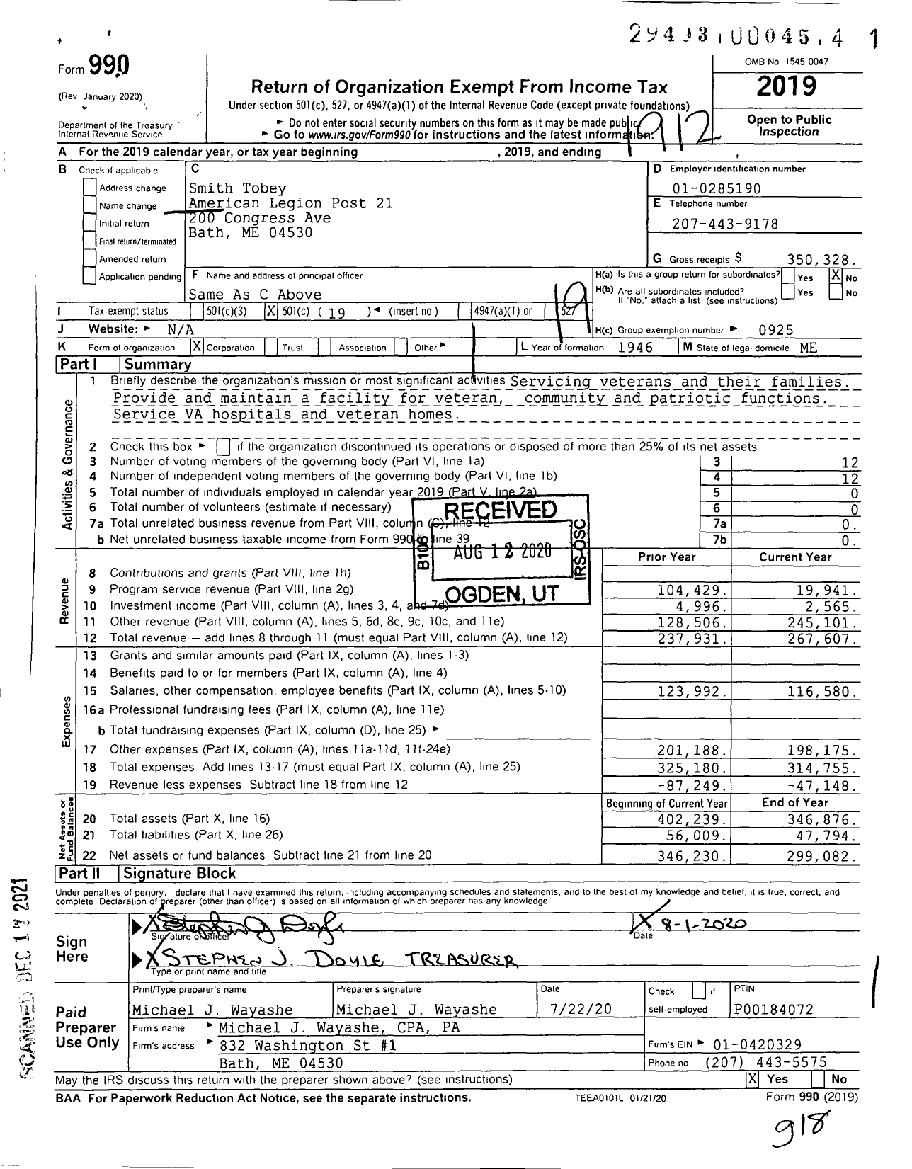 Image of first page of 2019 Form 990O for Smith Tobey Post No Twenty One Of Dept of Maine American Legion