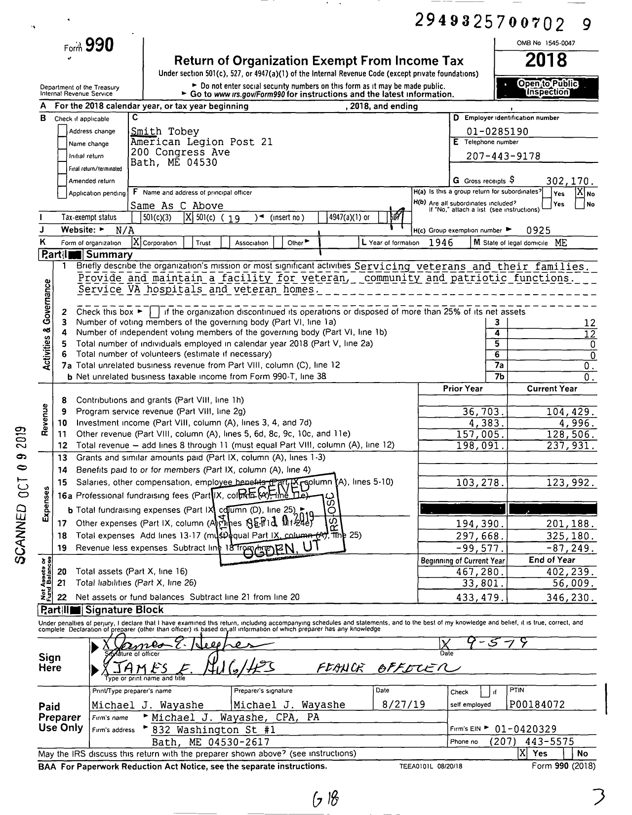 Image of first page of 2018 Form 990O for Smith Tobey Post No Twenty One Of Dept of Maine American Legion