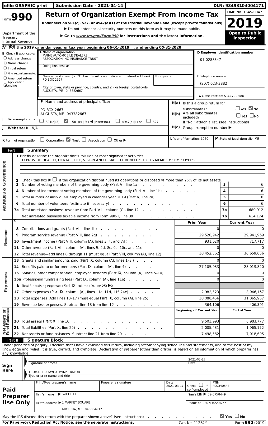 Image of first page of 2019 Form 990 for Maine Automobile Dealers Association Insurance Trust