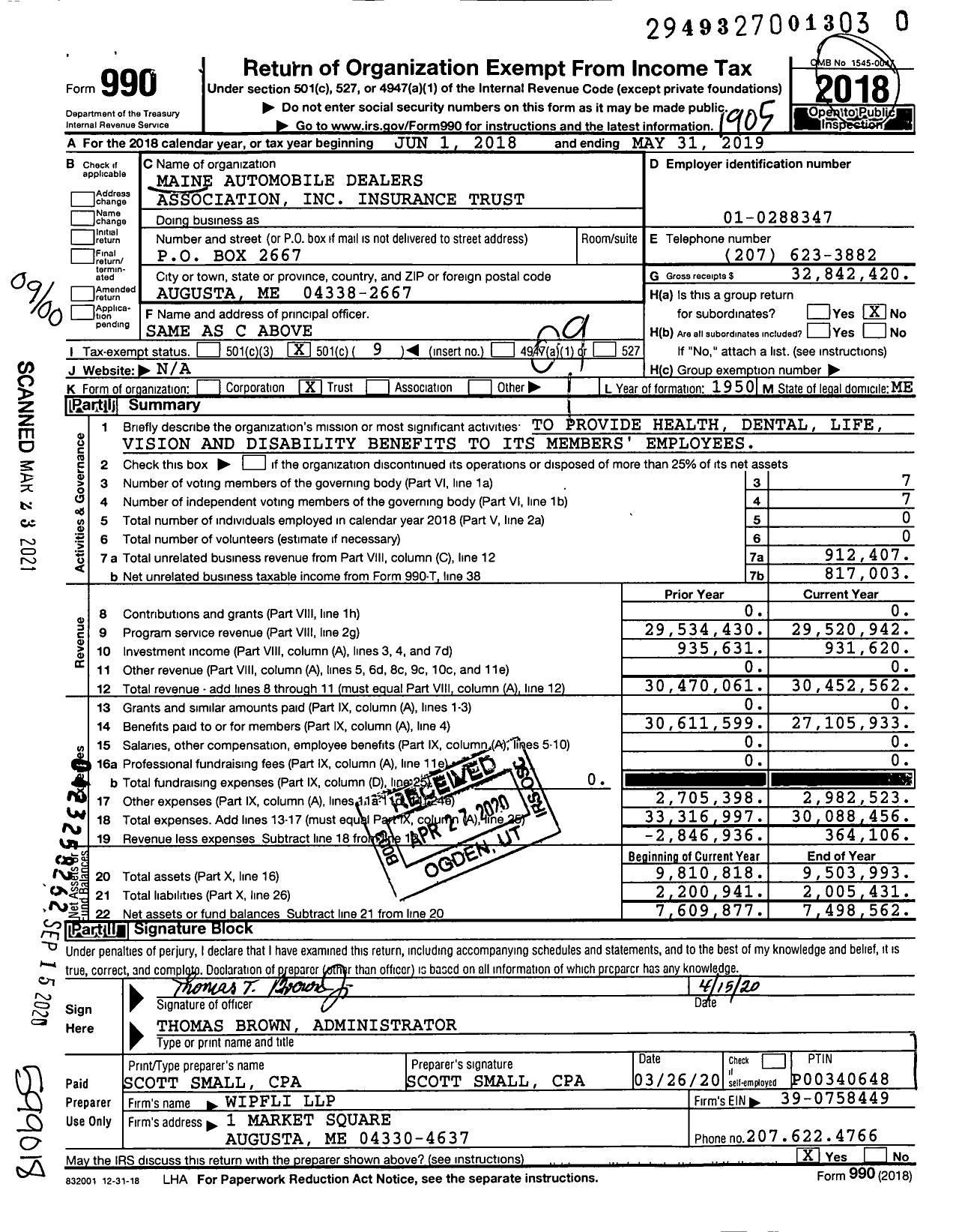 Image of first page of 2018 Form 990O for Maine Automobile Dealers Association Insurance Trust