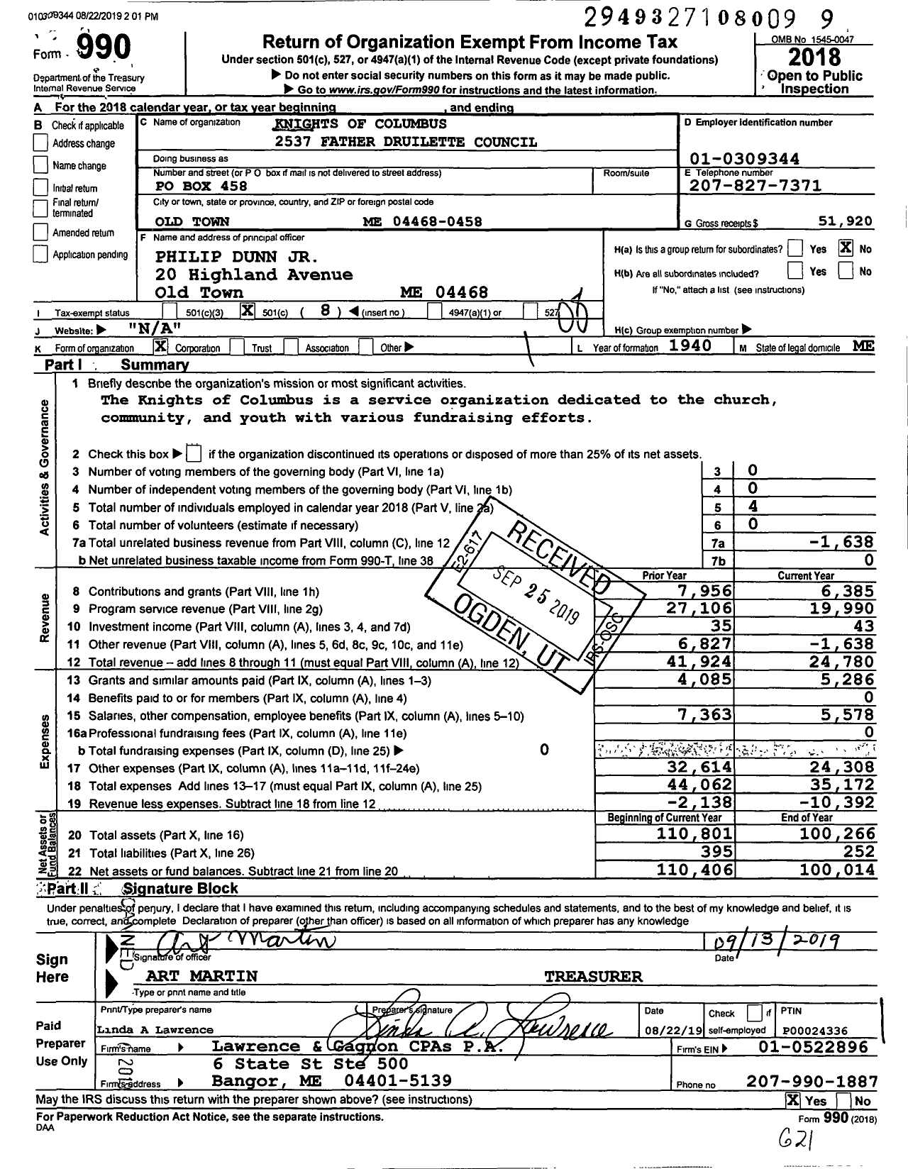 Image of first page of 2018 Form 990O for Knights of Columbus - 2537 Father Druilette Council