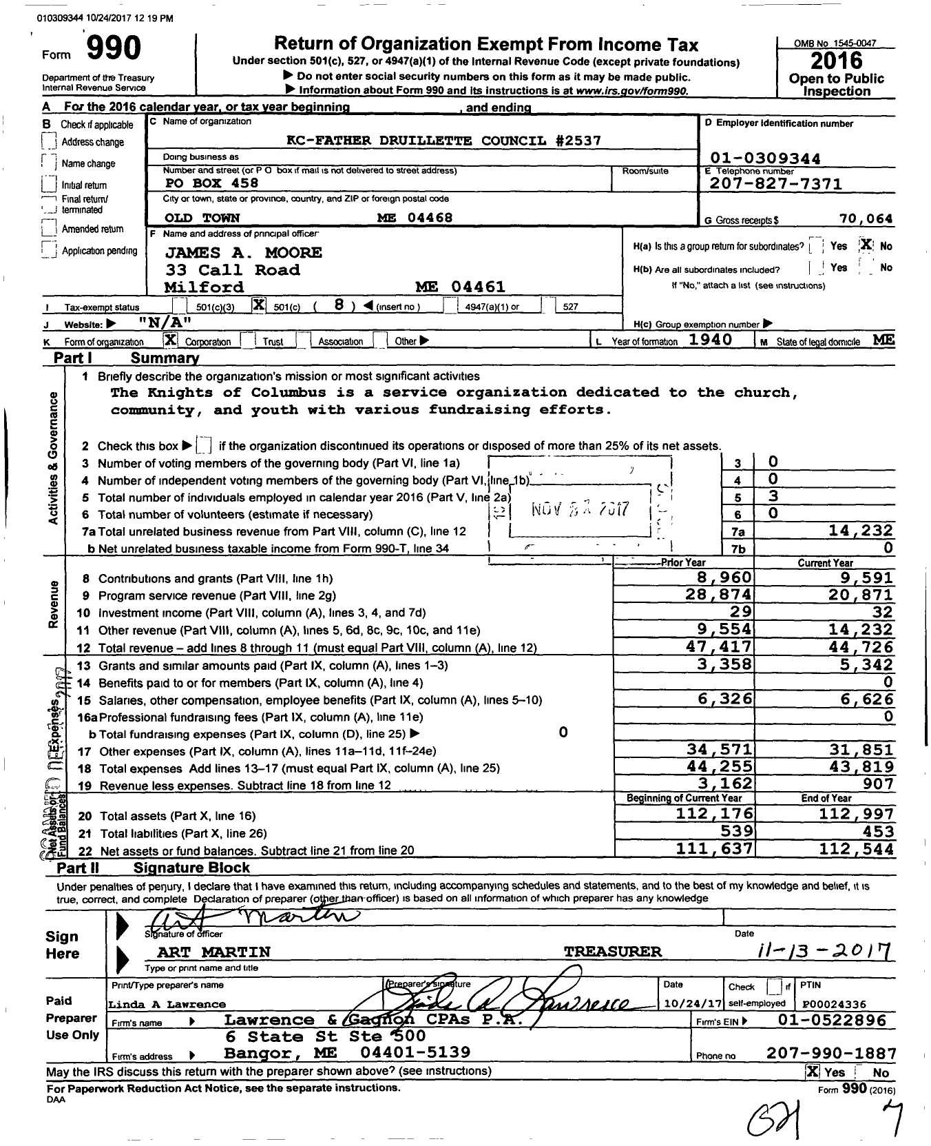 Image of first page of 2016 Form 990O for Knights of Columbus - 2537 Father Druilette Council