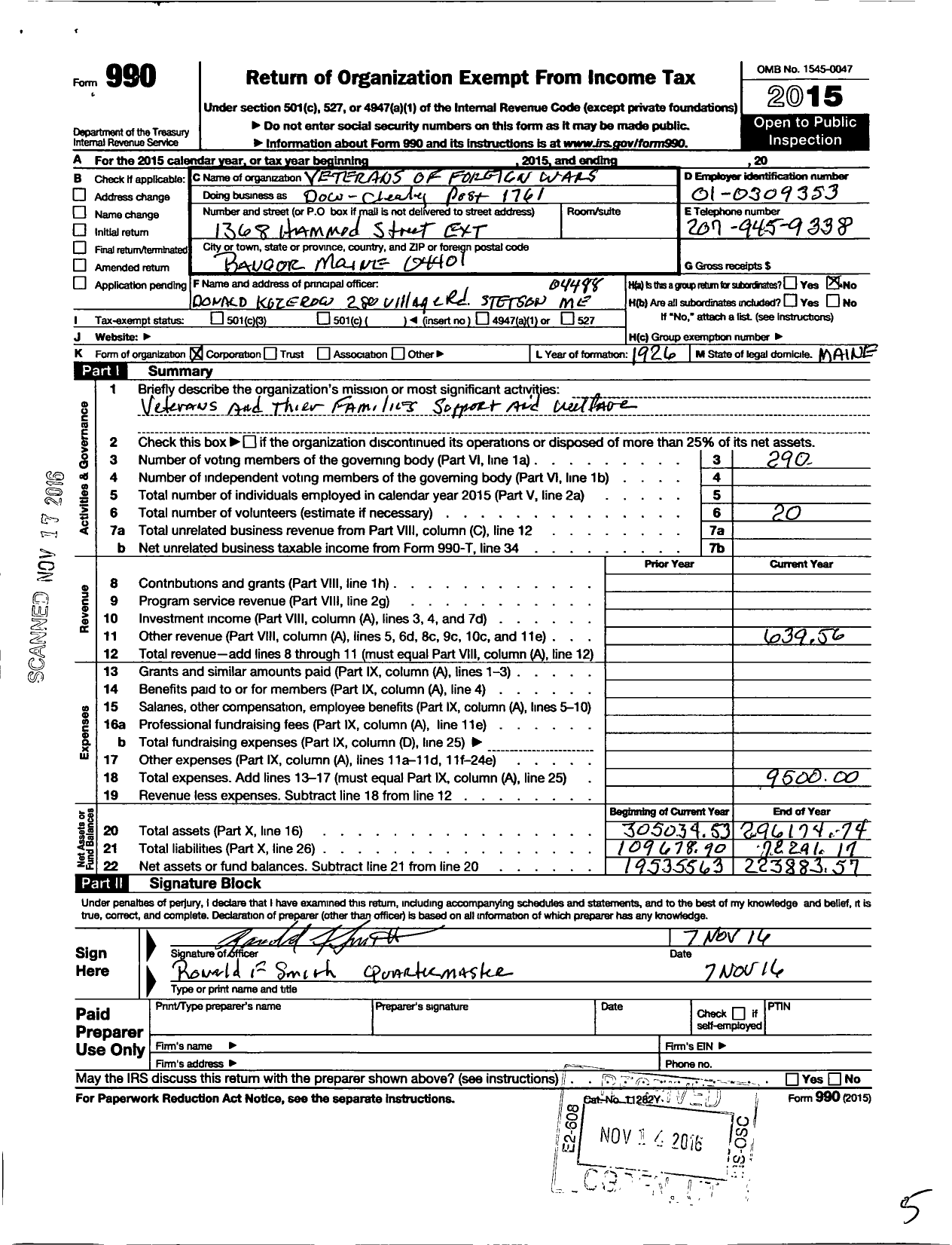 Image of first page of 2015 Form 990O for Veterans of Foreign Wars of the United States Dept of Maine - 1761 Dow-Clewley VFW Post