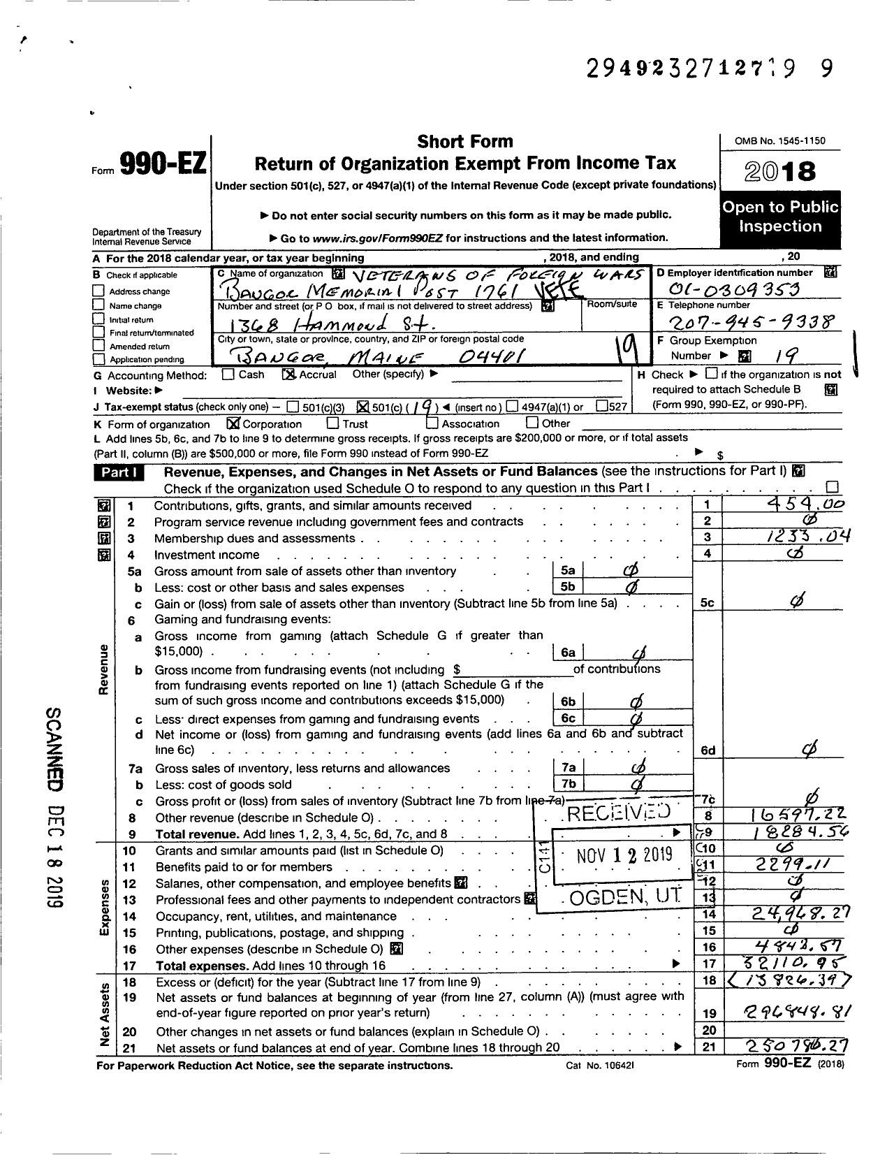 Image of first page of 2018 Form 990EO for Veterans of Foreign Wars of the United States Dept of Maine - 1761 Dow-Clewley VFW Post