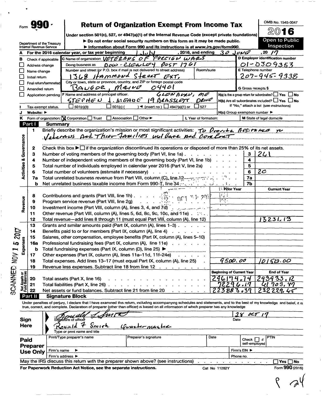 Image of first page of 2016 Form 990O for Veterans of Foreign Wars of the United States Dept of Maine - 1761 Dow-Clewley VFW Post