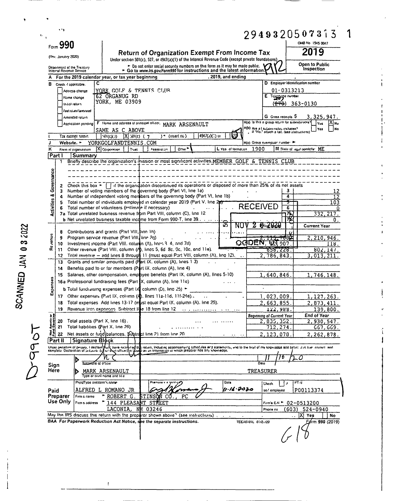 Image of first page of 2019 Form 990O for York Golf and Tennis Club