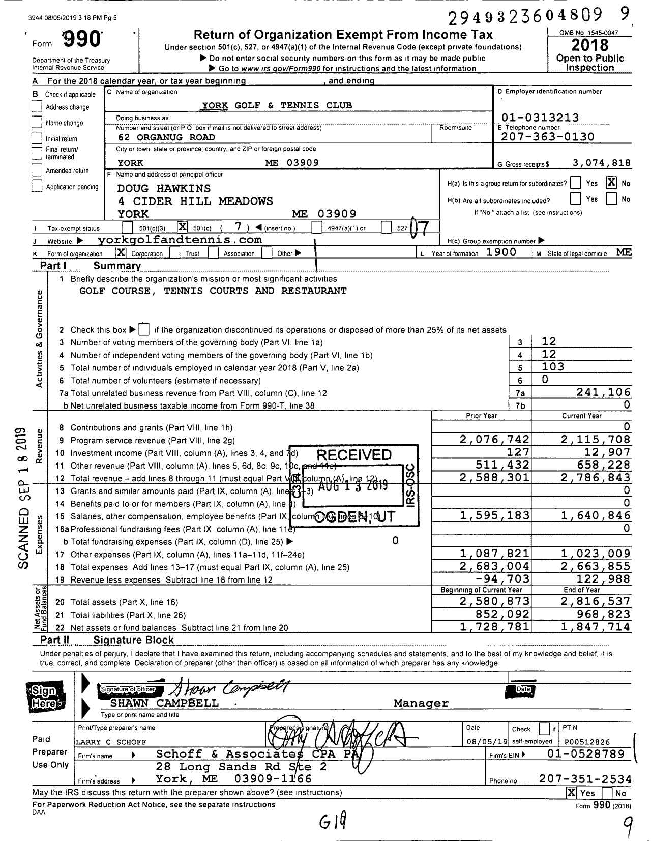 Image of first page of 2018 Form 990O for York Golf and Tennis Club