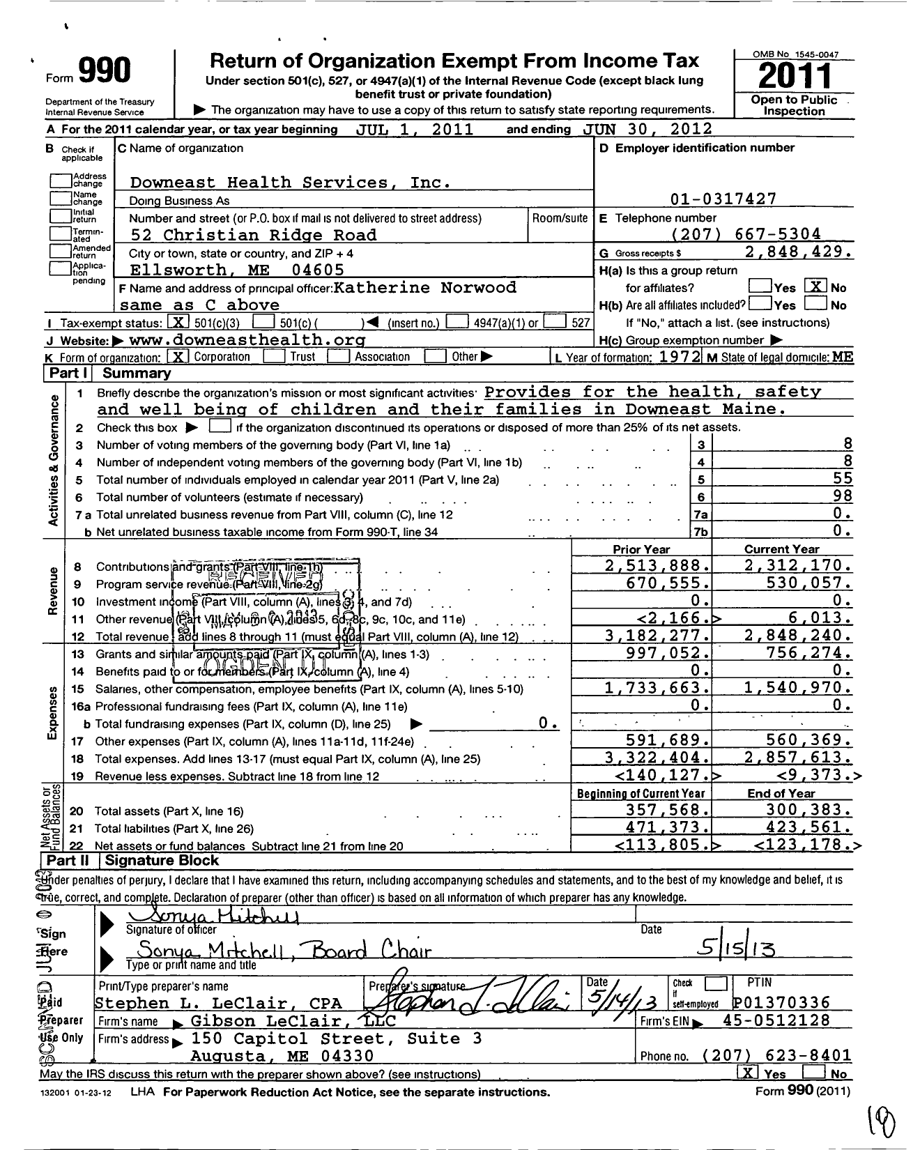 Image of first page of 2011 Form 990 for Downeast Health Services