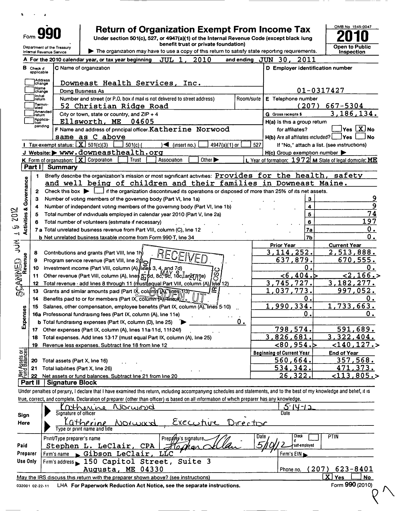 Image of first page of 2010 Form 990 for Downeast Health Services