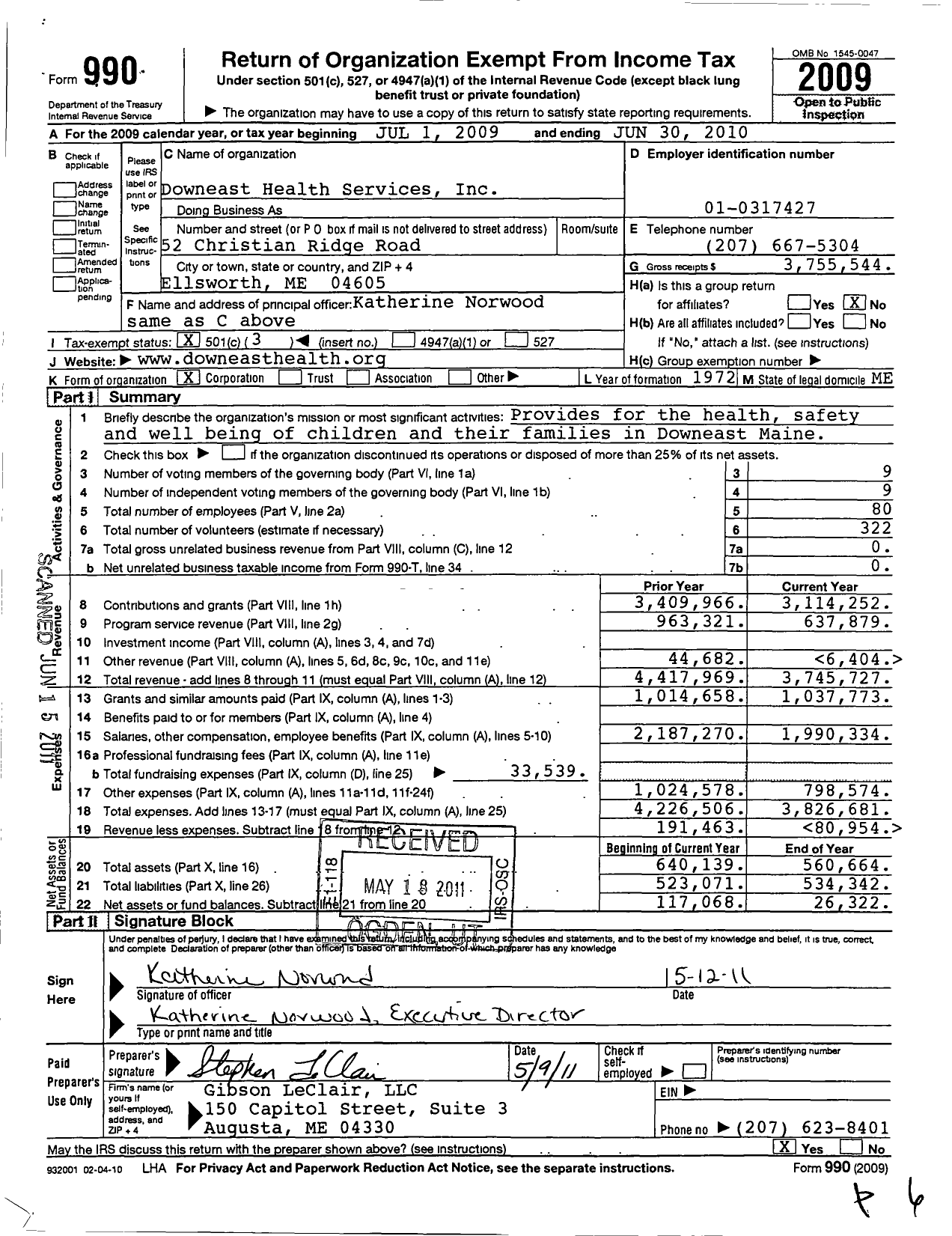 Image of first page of 2009 Form 990 for Downeast Health Services