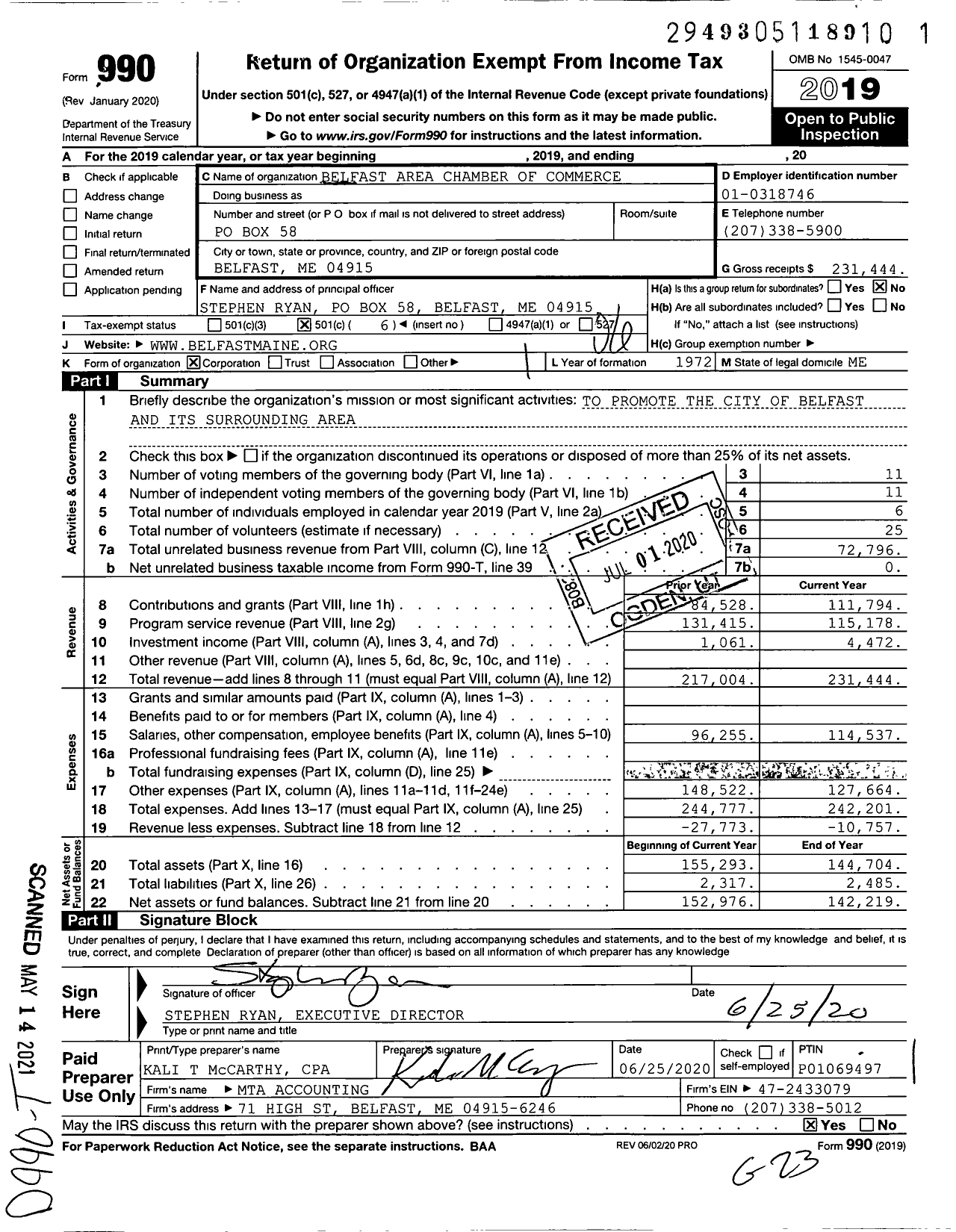 Image of first page of 2019 Form 990O for Belfast Area Chamber of Commerce