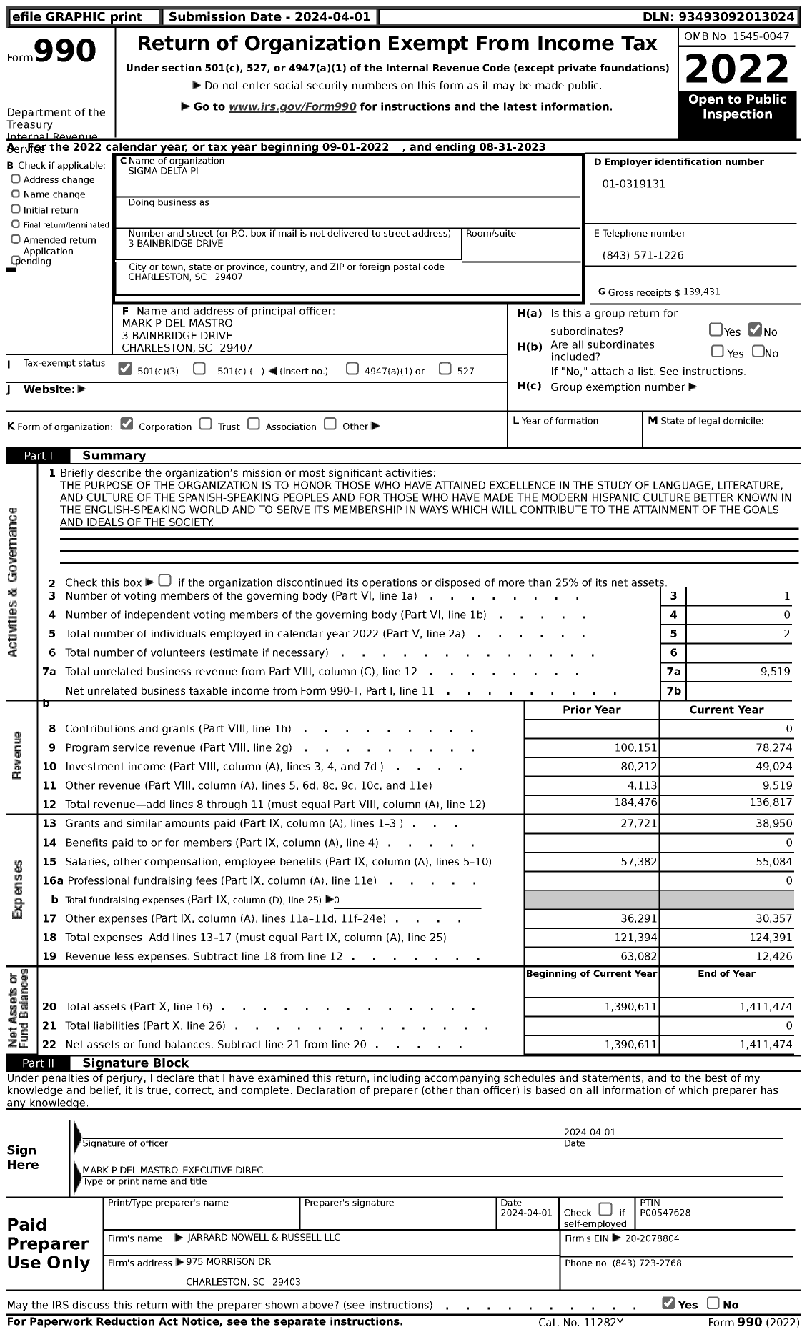 Image of first page of 2022 Form 990 for Sigma Delta Pi