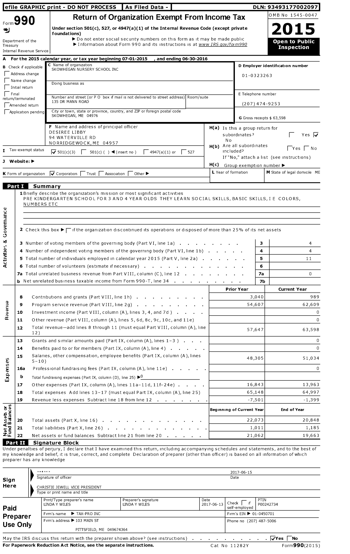 Image of first page of 2015 Form 990 for Skowhegan Nursery School