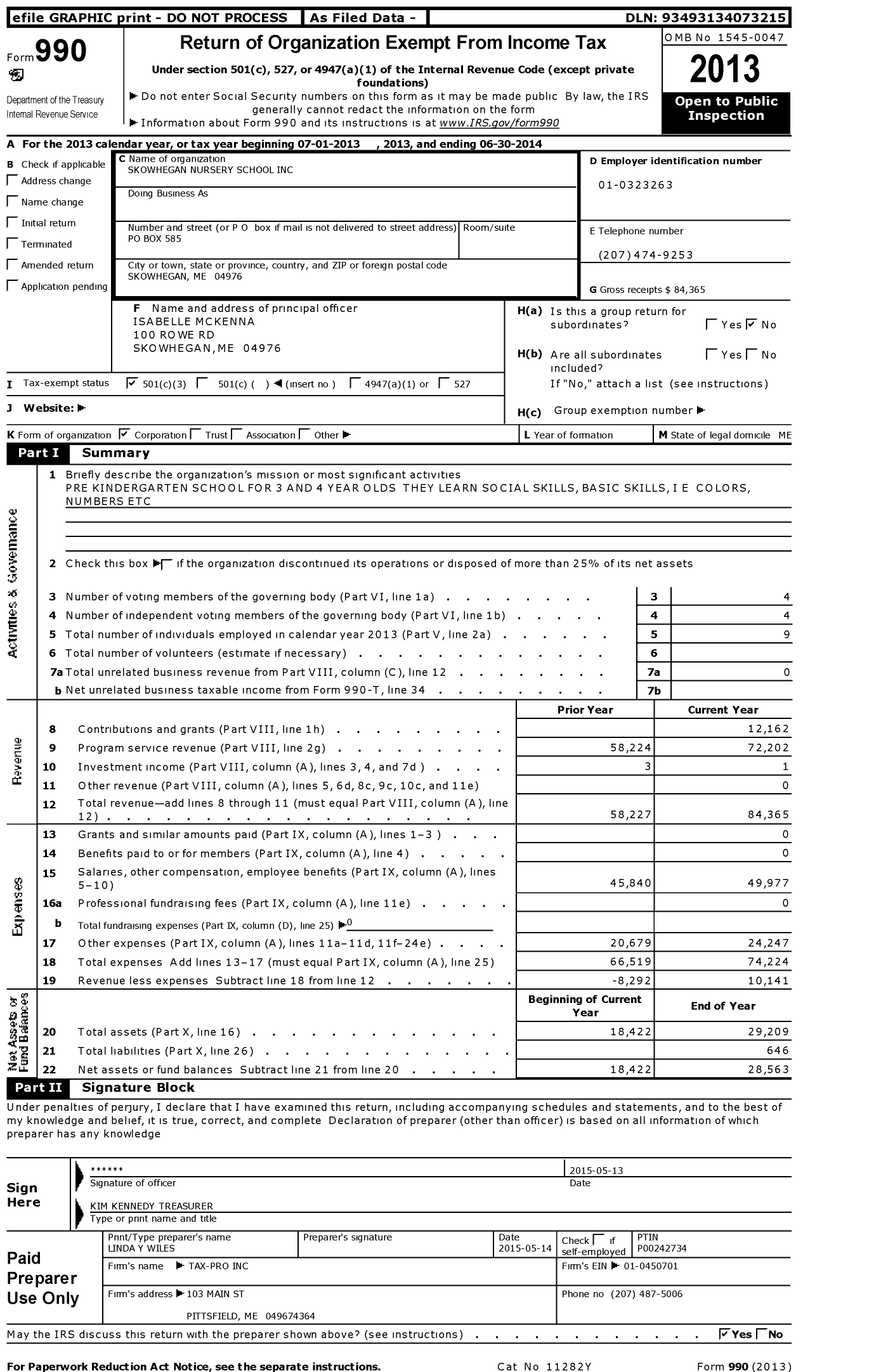 Image of first page of 2013 Form 990 for Skowhegan Nursery School