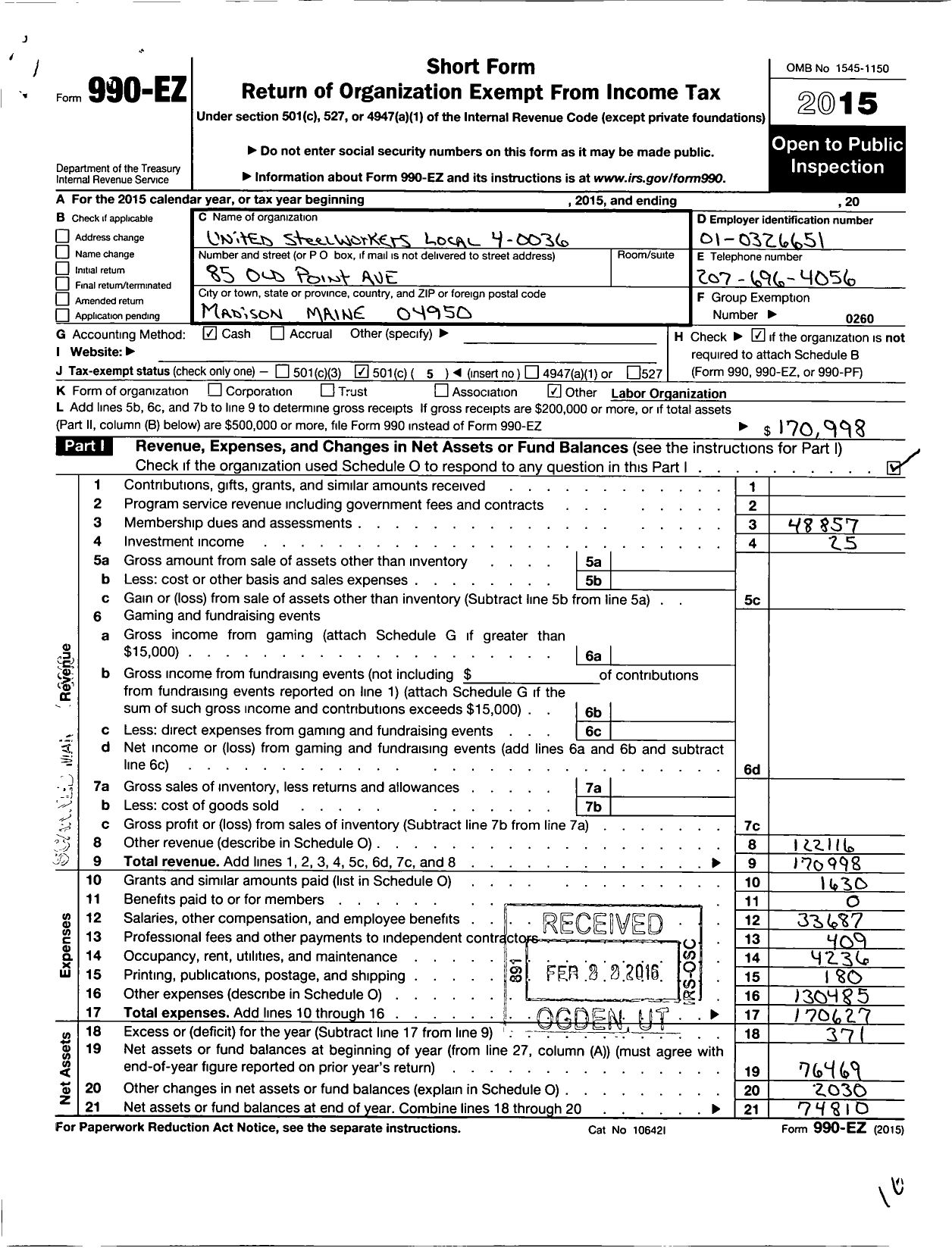 Image of first page of 2015 Form 990EO for United Steelworkers - 04-00036 Local Union