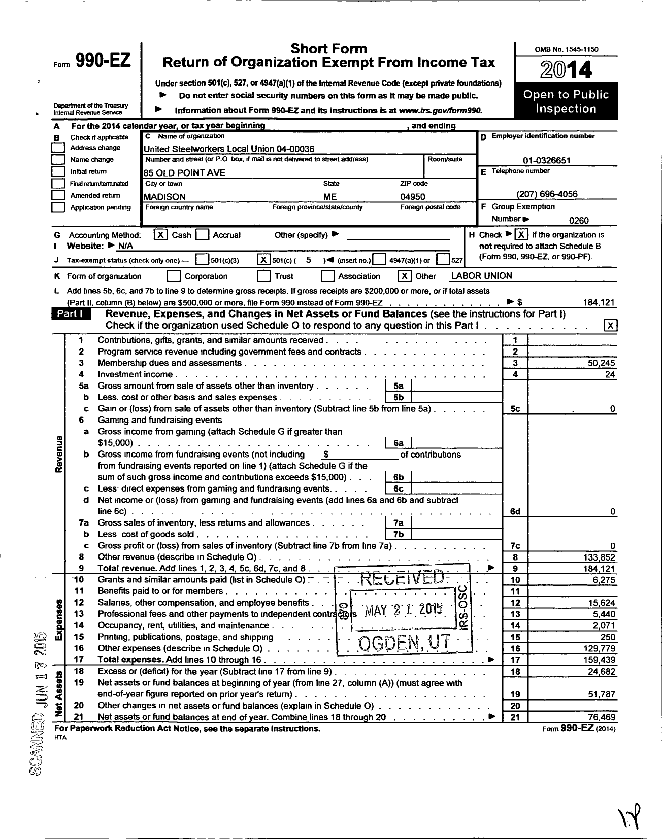 Image of first page of 2014 Form 990EO for United Steelworkers - 04-00036 Local Union