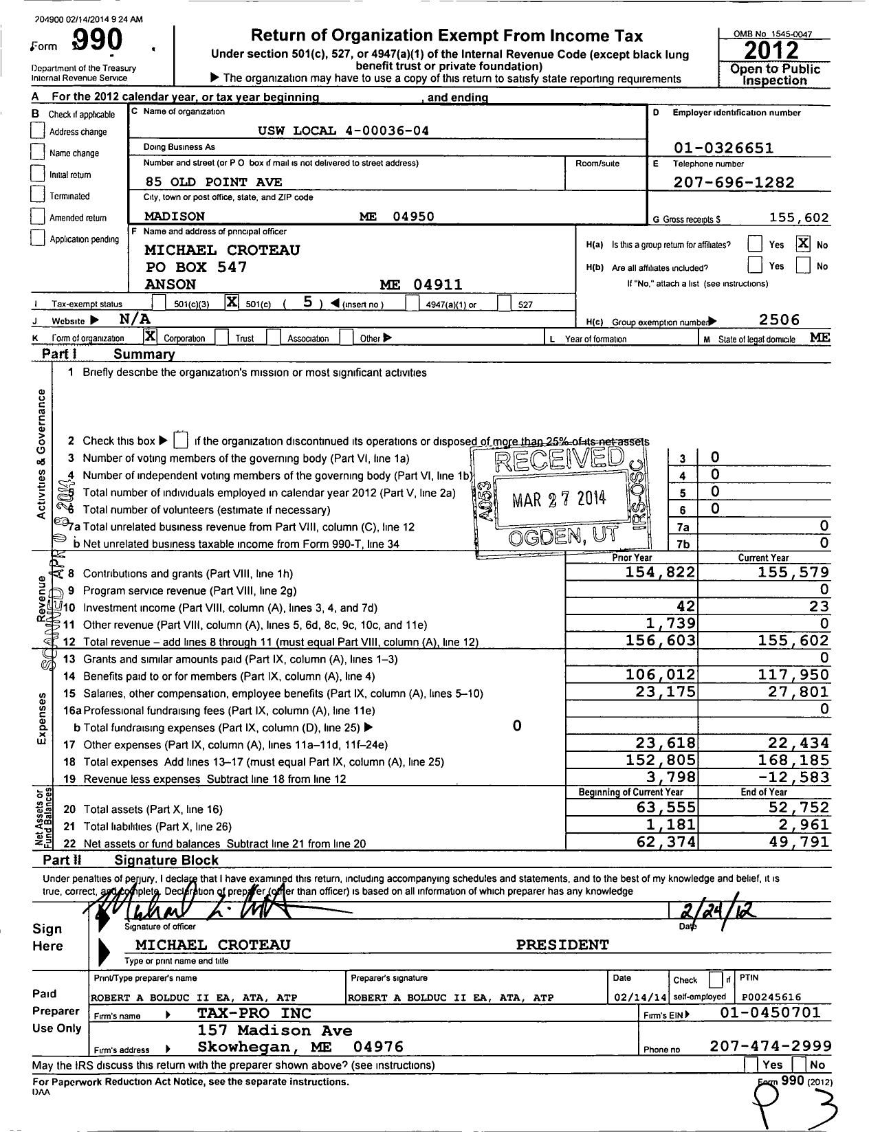 Image of first page of 2012 Form 990O for United Steelworkers - 04-00036 Local Union