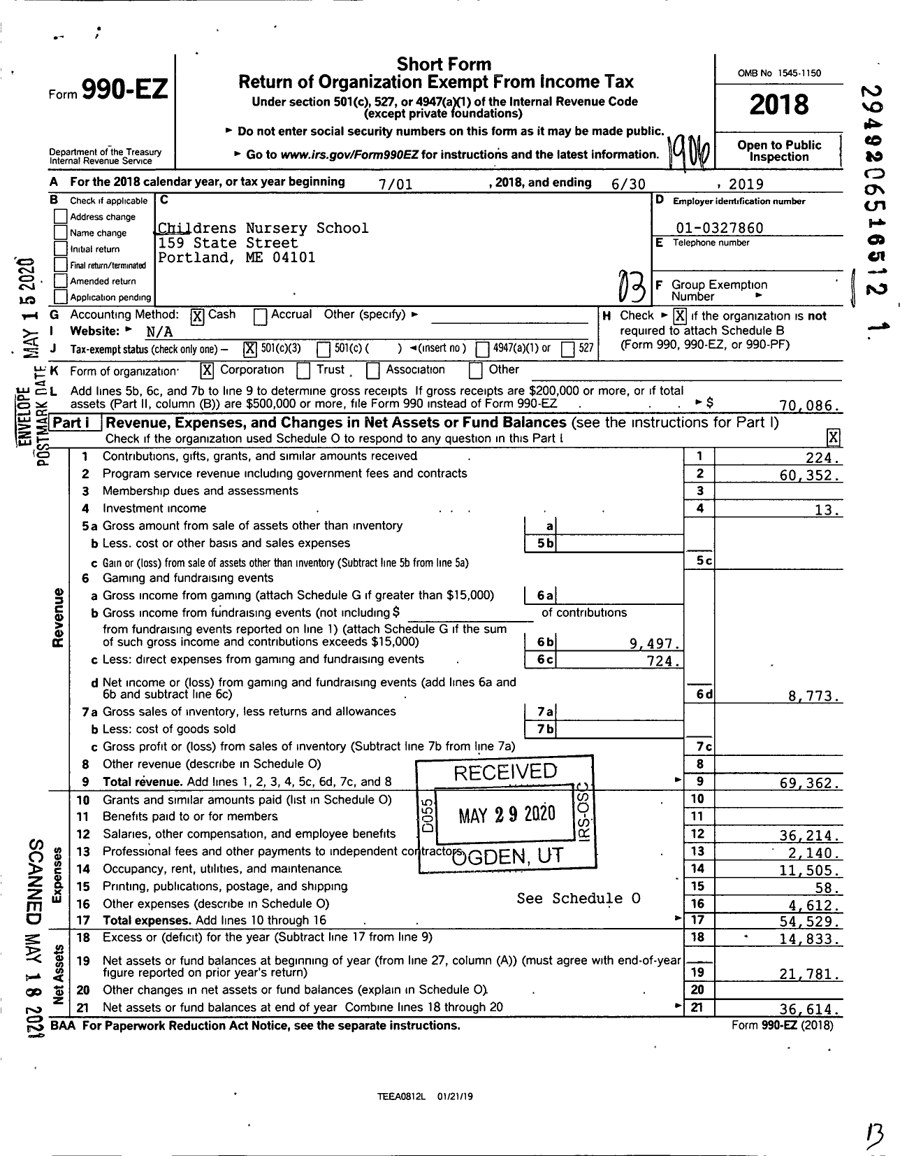 Image of first page of 2018 Form 990EZ for Childrens Nursery School