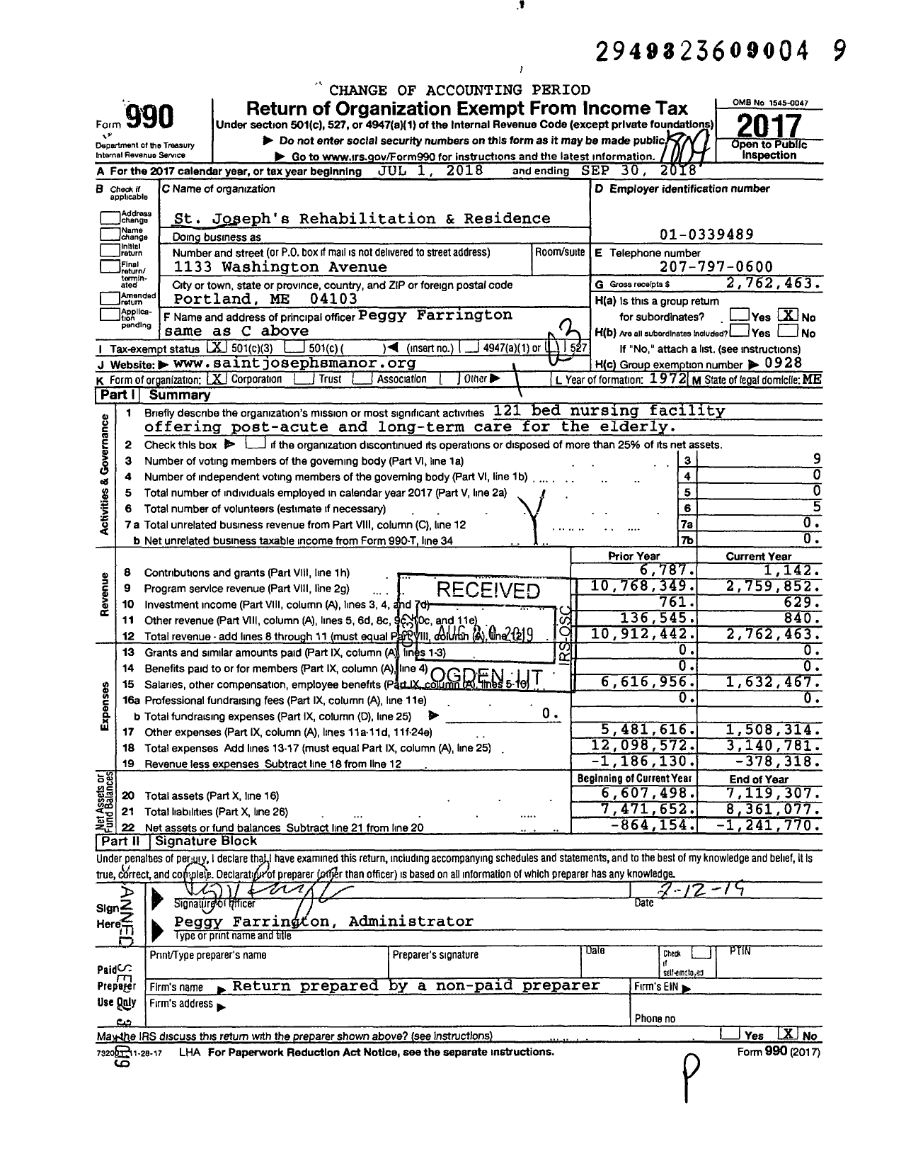 Image of first page of 2017 Form 990 for St Joseph's Rehabilitation and Residence
