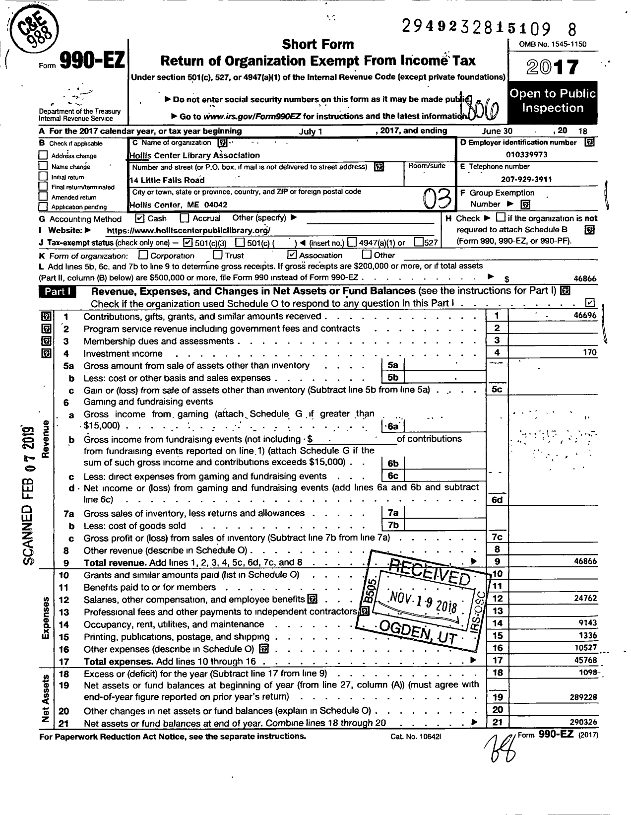 Image of first page of 2017 Form 990EZ for Hollis Center Library Association