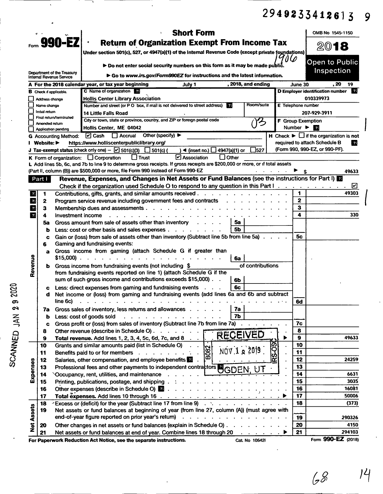 Image of first page of 2018 Form 990EZ for Hollis Center Library Association