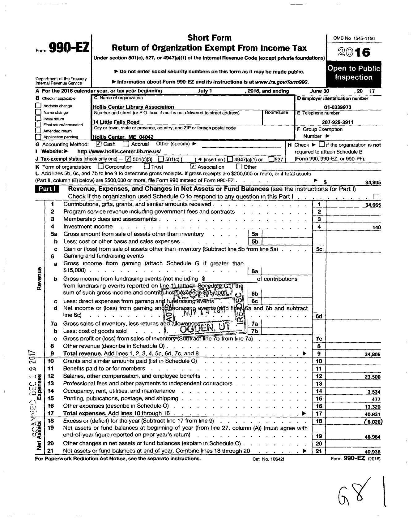 Image of first page of 2016 Form 990EZ for Hollis Center Library Association