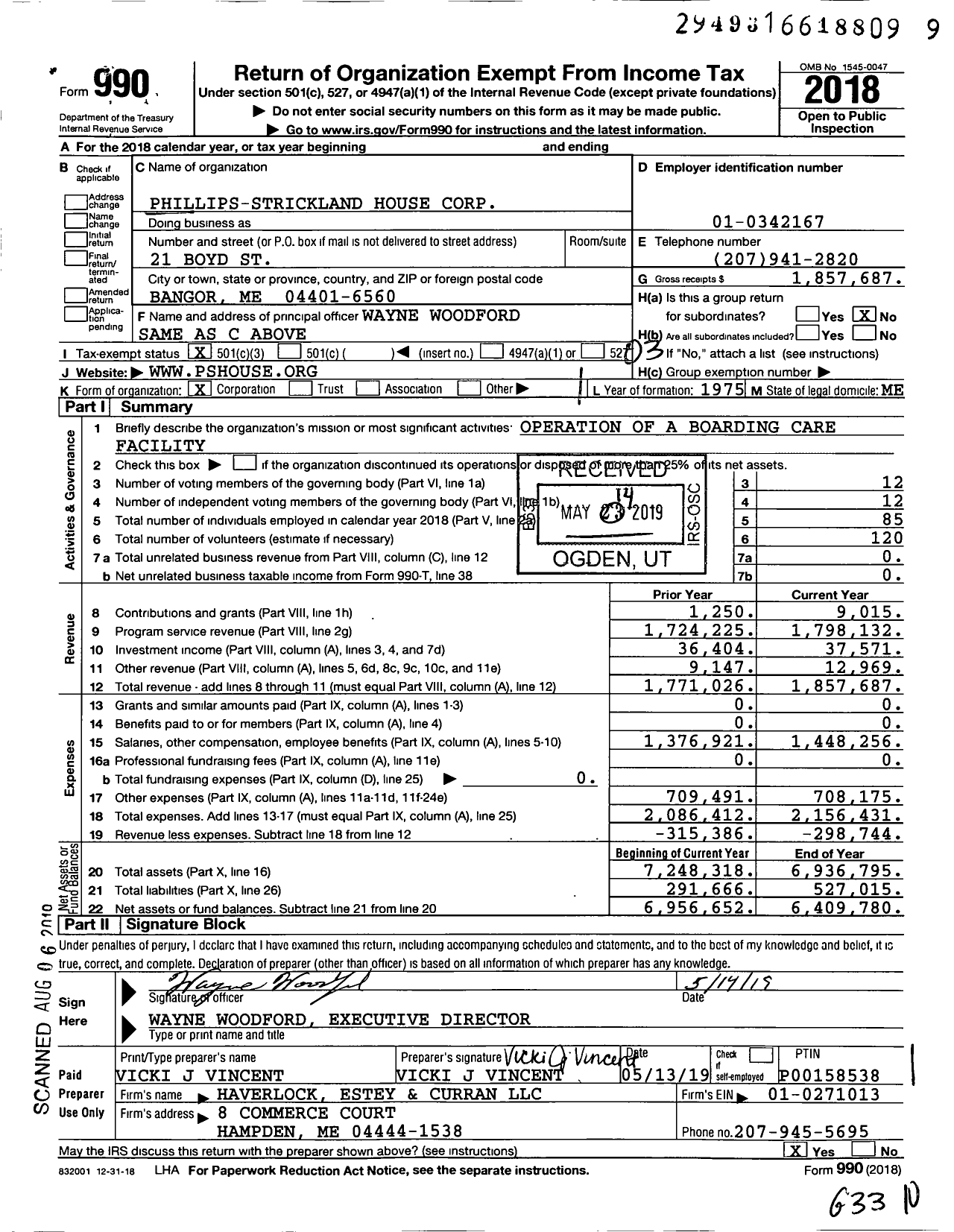 Image of first page of 2018 Form 990 for Phillips-Strickland House Corporation