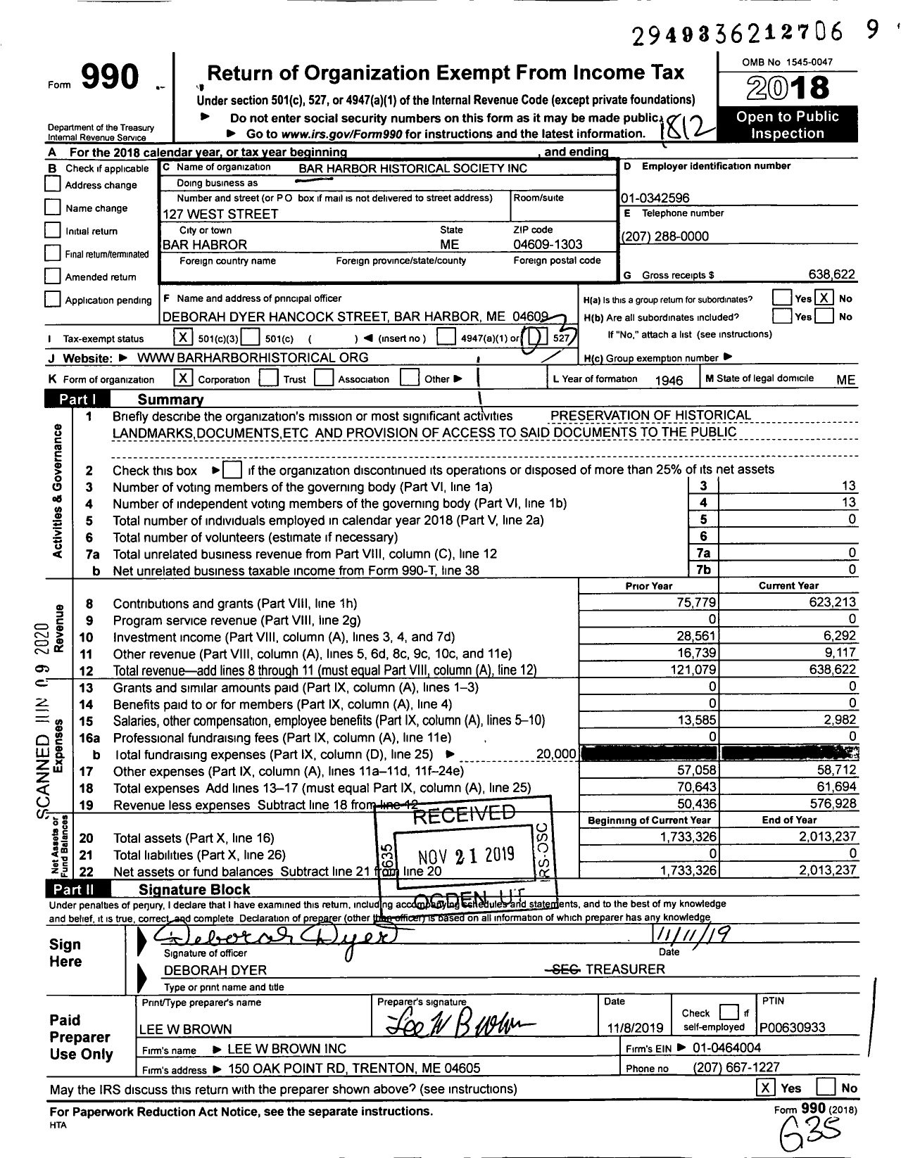 Image of first page of 2018 Form 990 for Bar Harbor Historical Society